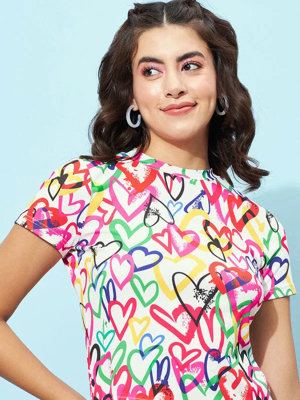 Berrylush Women White & Multicolour Heart Printed Round Neck Short Sleeves Knitted Regular T-Shirt