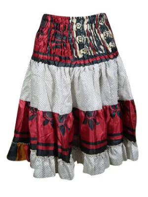 Boho Summer Ruched Red, White Floral Beach Recycle Silk Skirts S/M