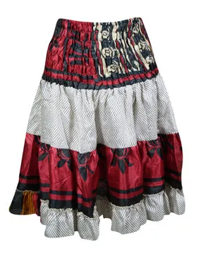 Boho Summer Ruched Red, White Floral Beach Recycle Silk Skirts S/M