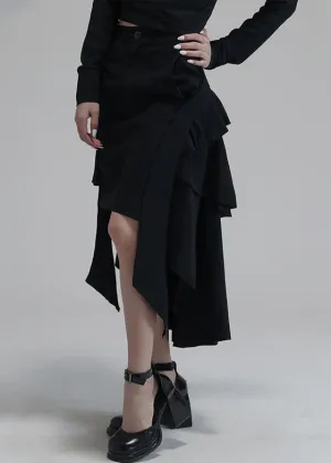 Chic Black Asymmetrical Pockets High Waist Cotton Skirts Spring