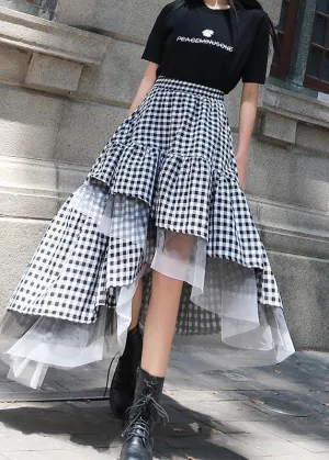 Chic Black White Plaid Ruffles Patchwork Lace Skirt Summer