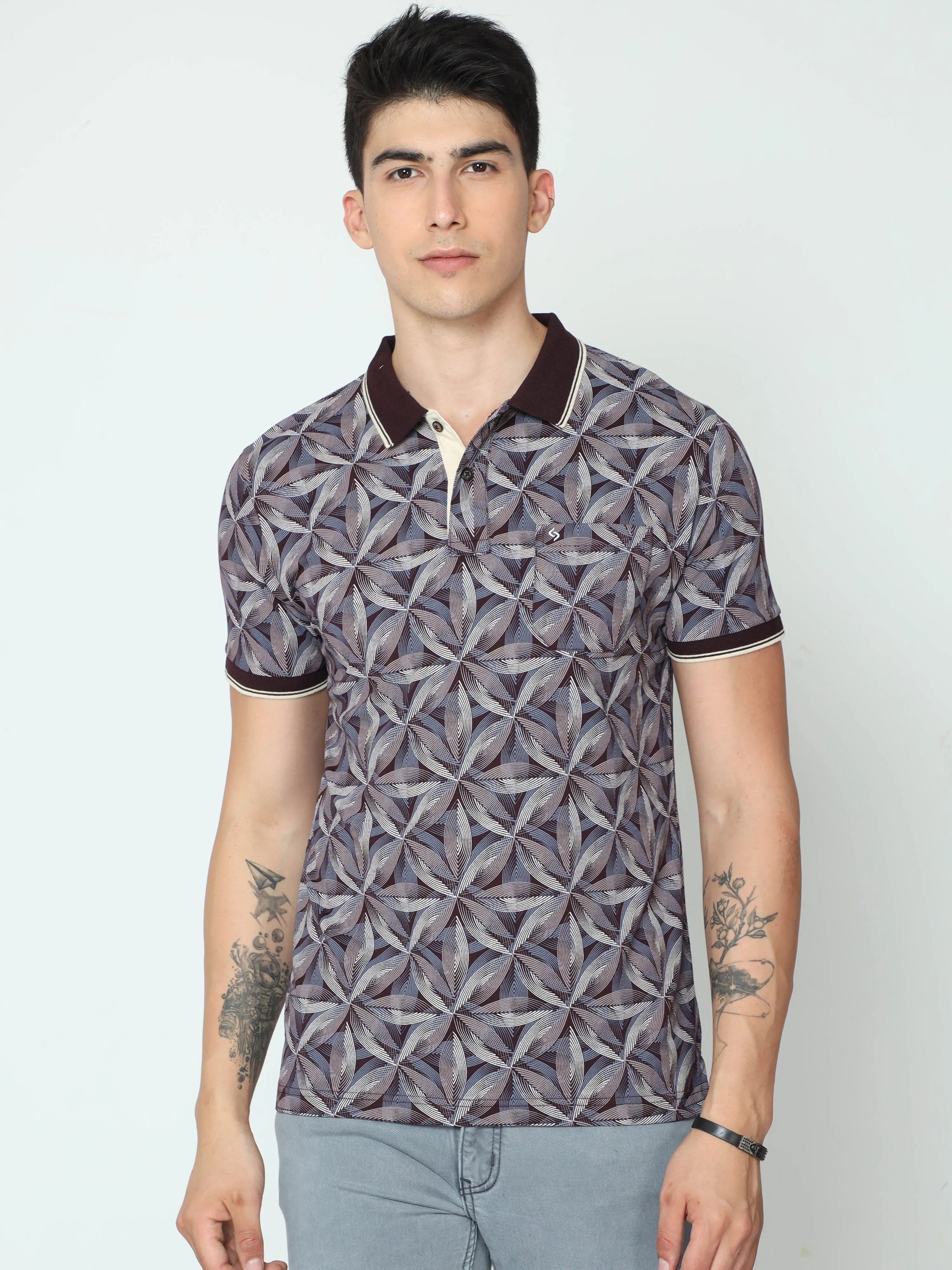 Classic Polo Mens Cotton Half Sleeve Printed Slim Fit Polo Neck Grey Color T-Shirt | BELLO - 233 B SF P