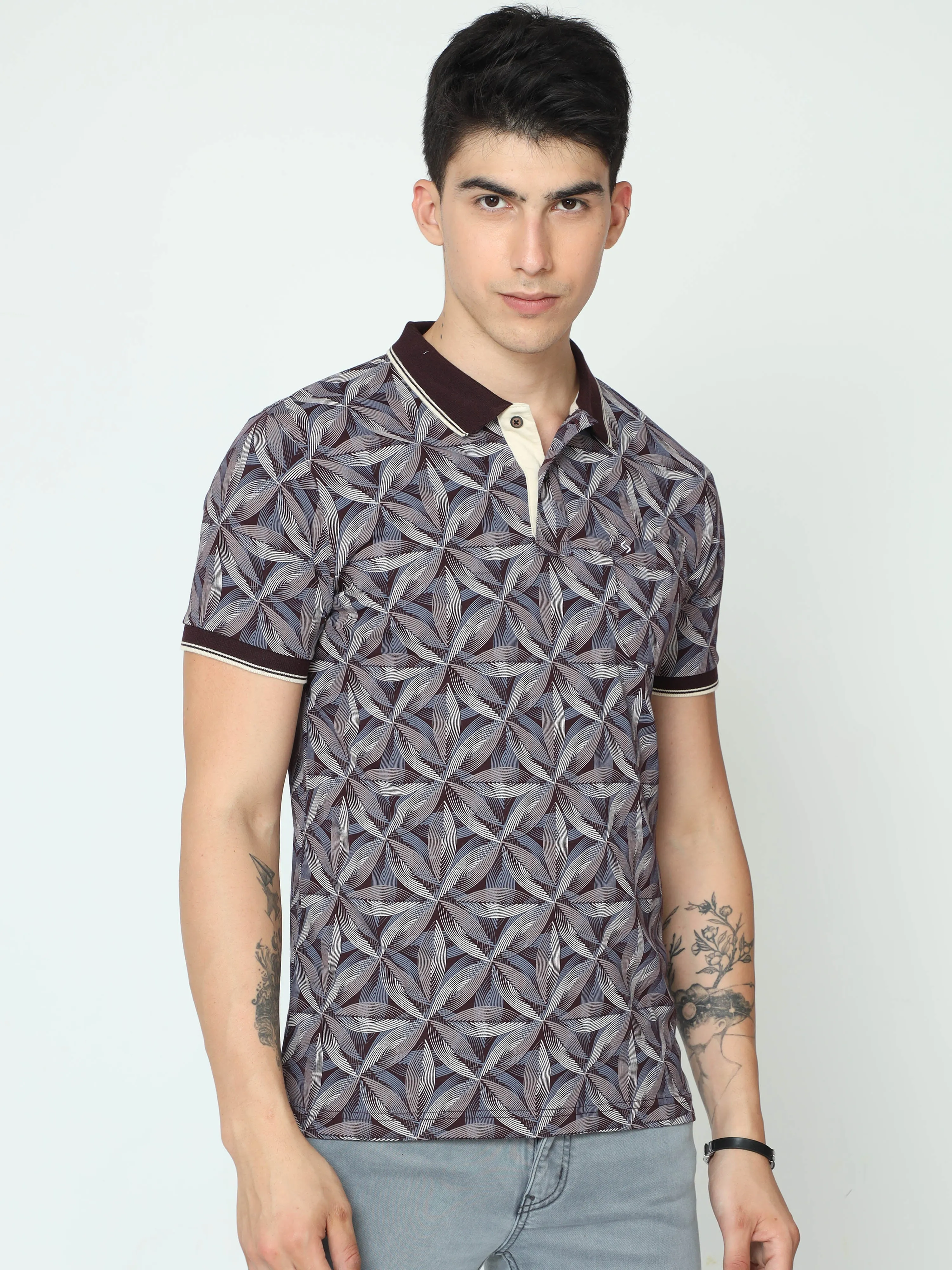 Classic Polo Mens Cotton Half Sleeve Printed Slim Fit Polo Neck Grey Color T-Shirt | BELLO - 233 B SF P