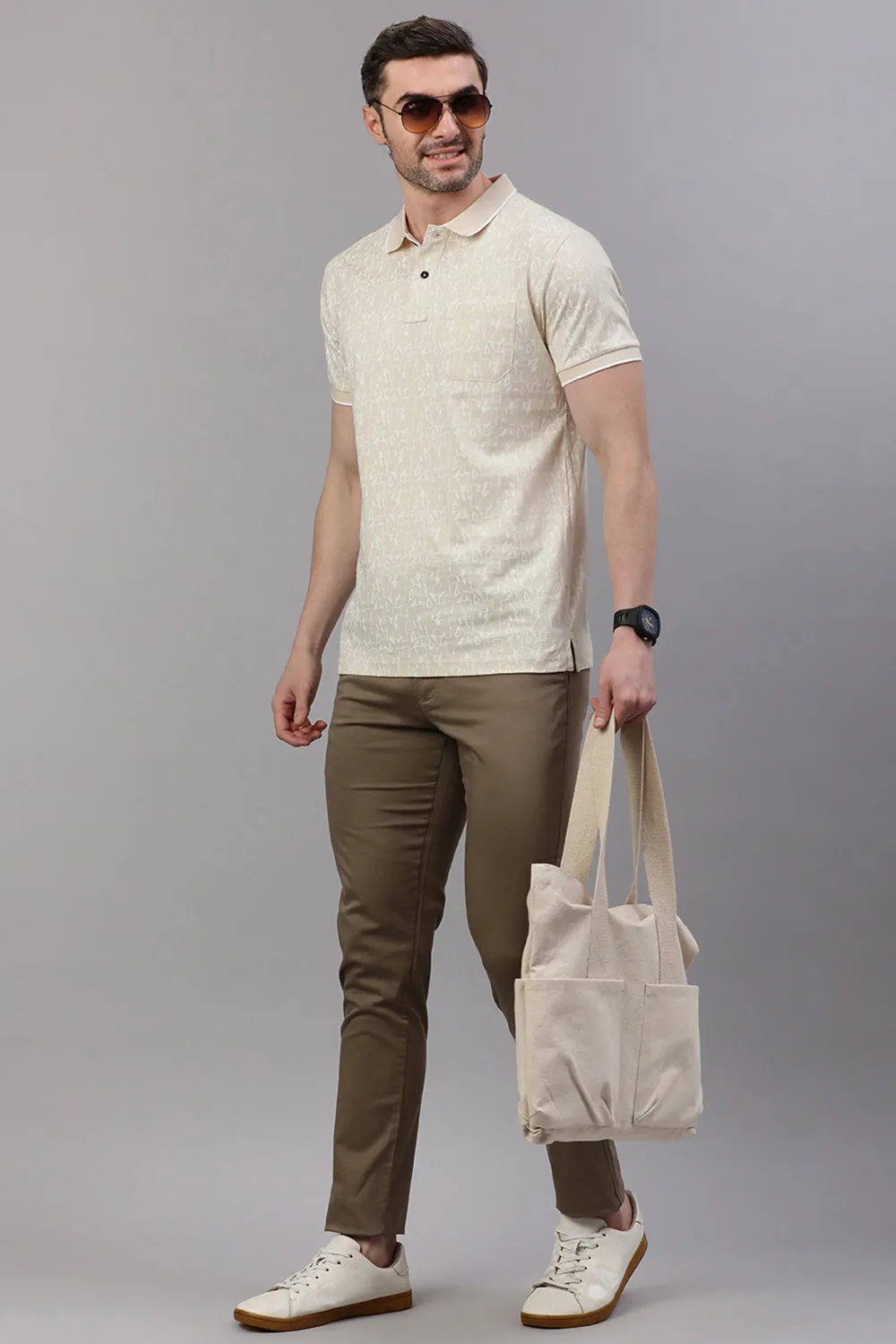Classic Polo Men's Half Sleeve Beige Polo Neck Slim Fit All Over Print T-Shirt | BELLO - 313 A SF P