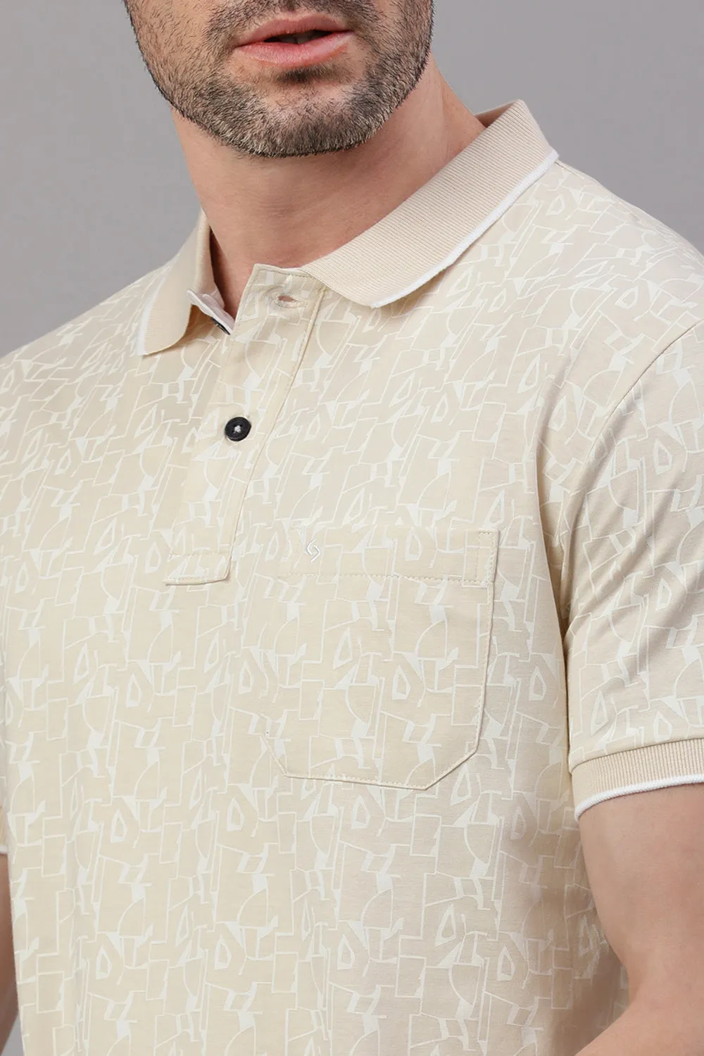 Classic Polo Men's Half Sleeve Beige Polo Neck Slim Fit All Over Print T-Shirt | BELLO - 313 A SF P