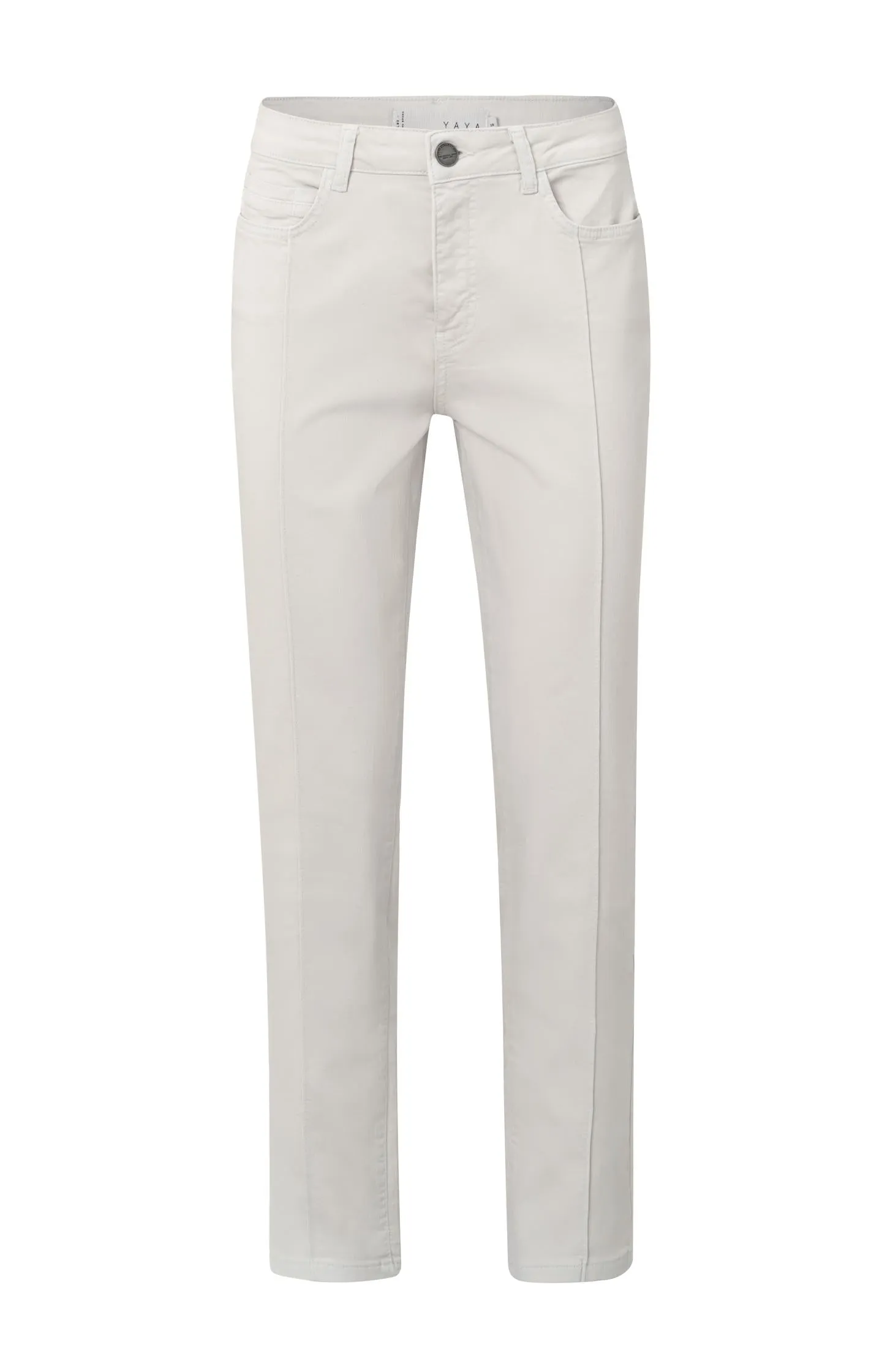 Colored denim in straight fit with pintuck and five pockets