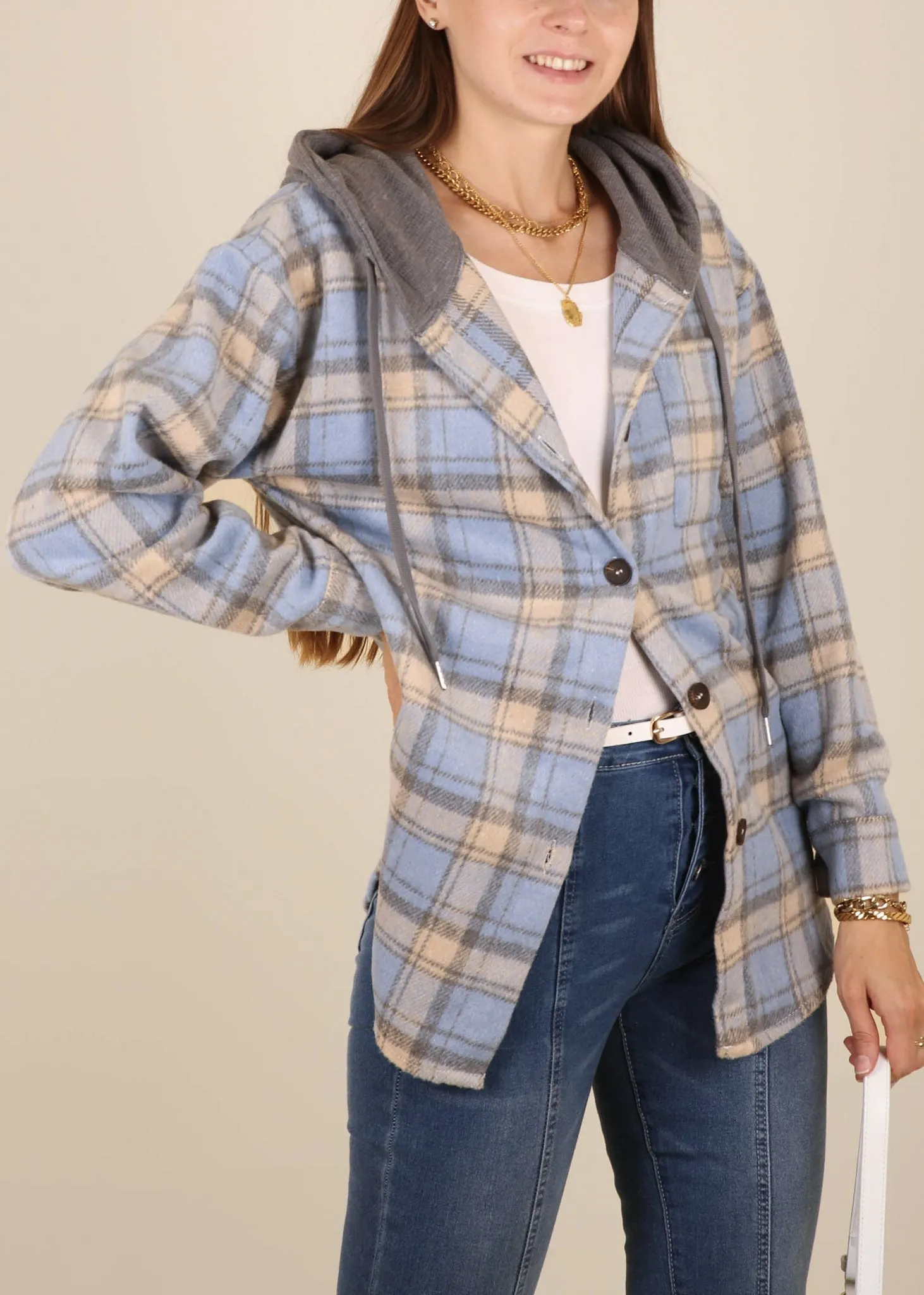 Contrast Hood Plaid Shacket