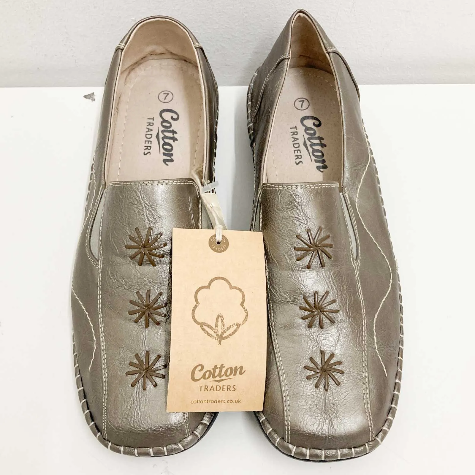 Cotton Traders Light Bronze Metallic Embroidered Slip On Loafers UK 7