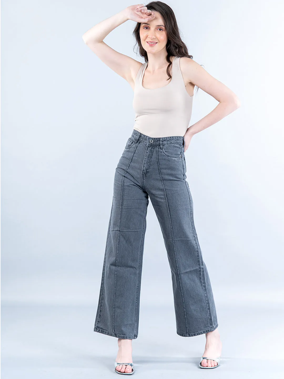 Dark Grey Pleated Flared Jeans