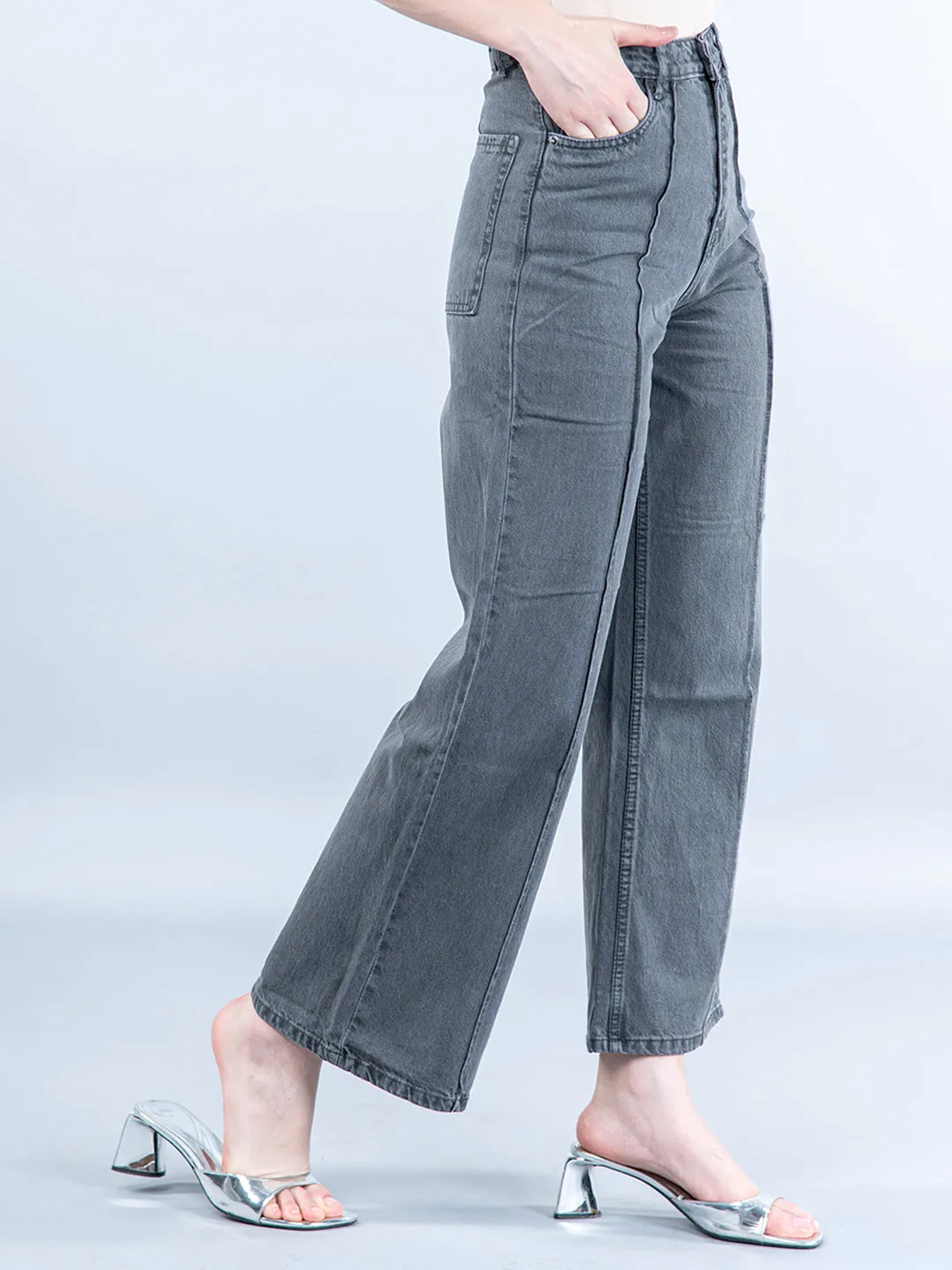 Dark Grey Pleated Flared Jeans