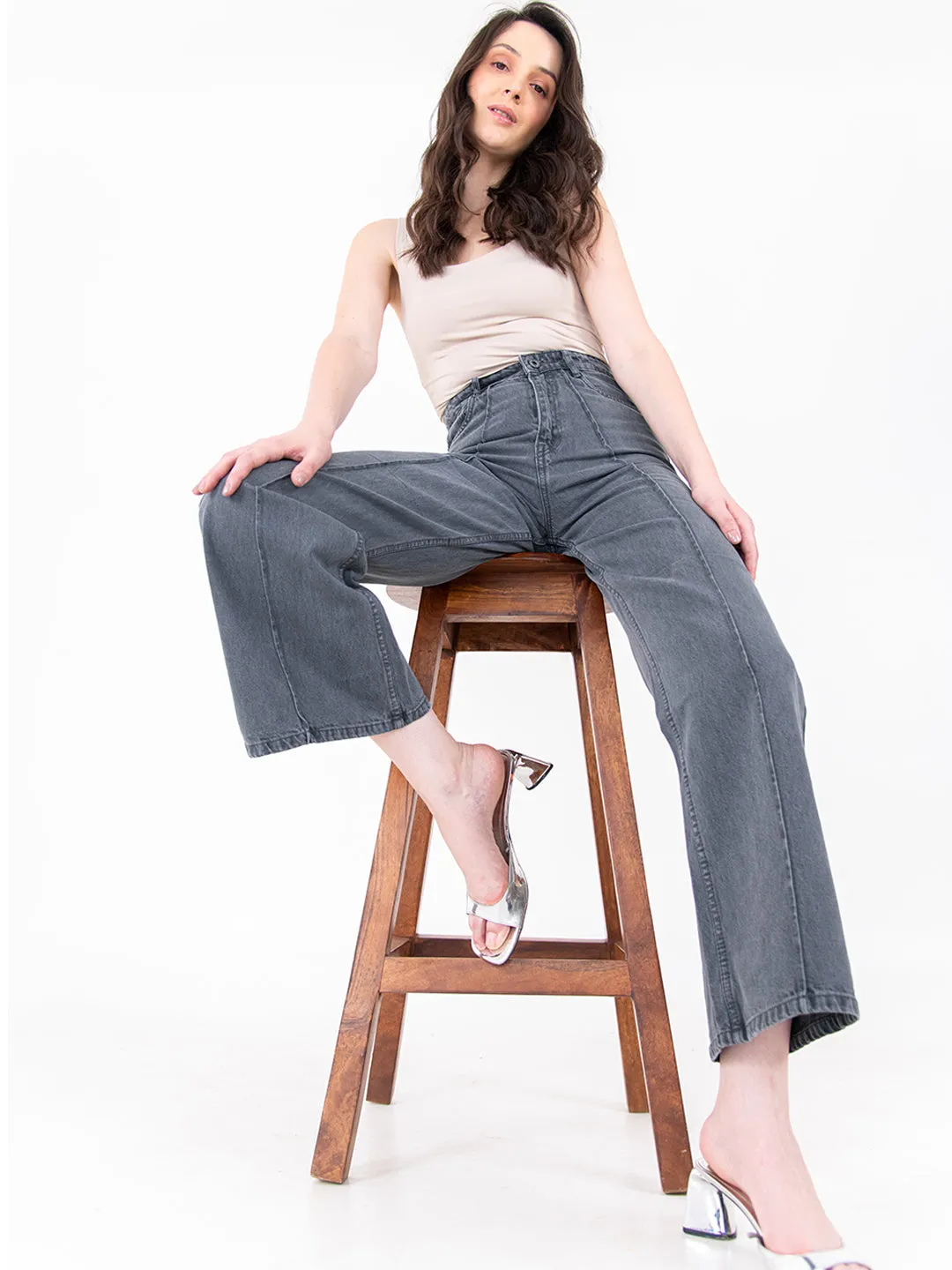 Dark Grey Pleated Flared Jeans