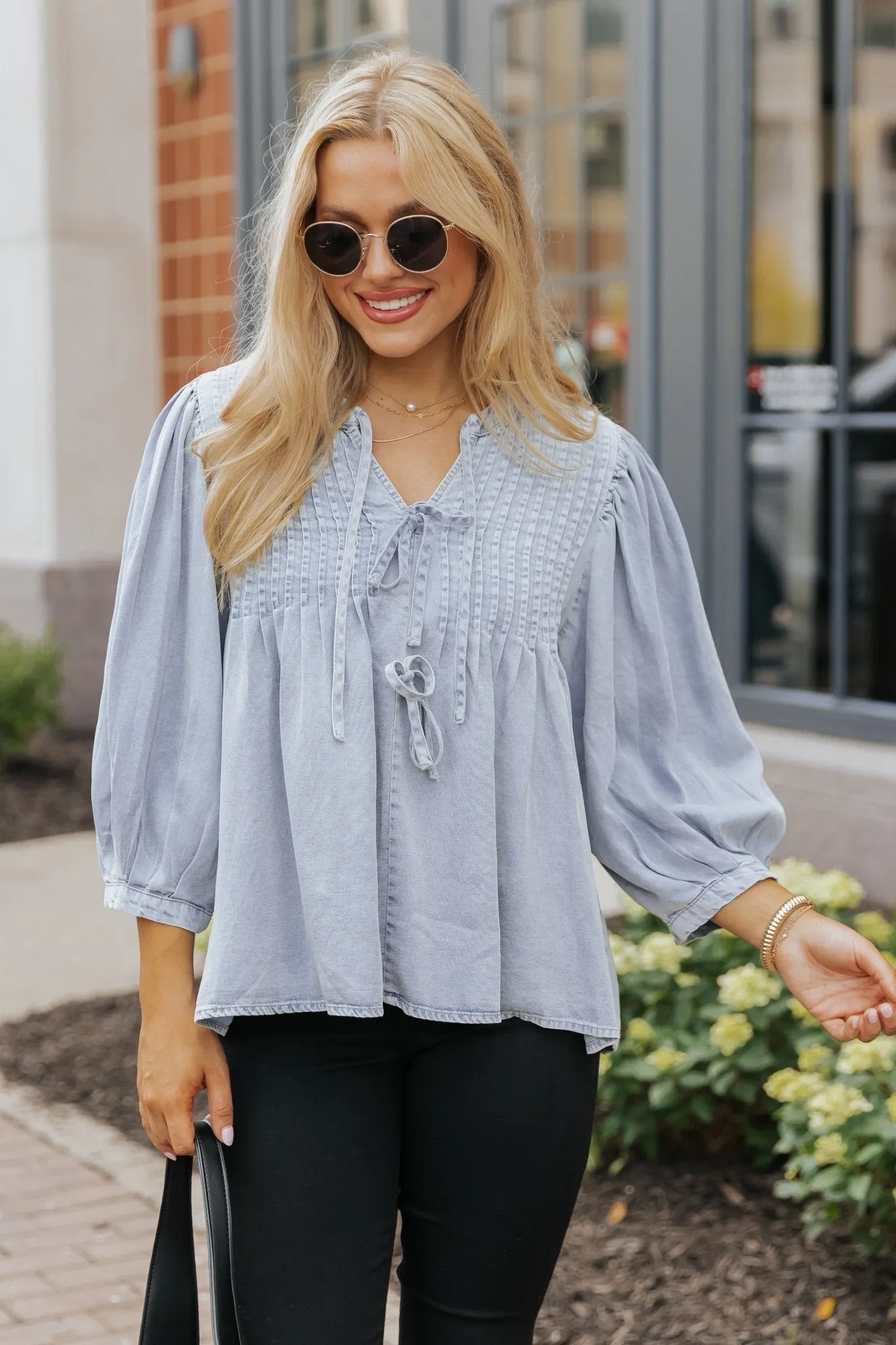 Denim Tie Detail Textured Top - FINAL SALE