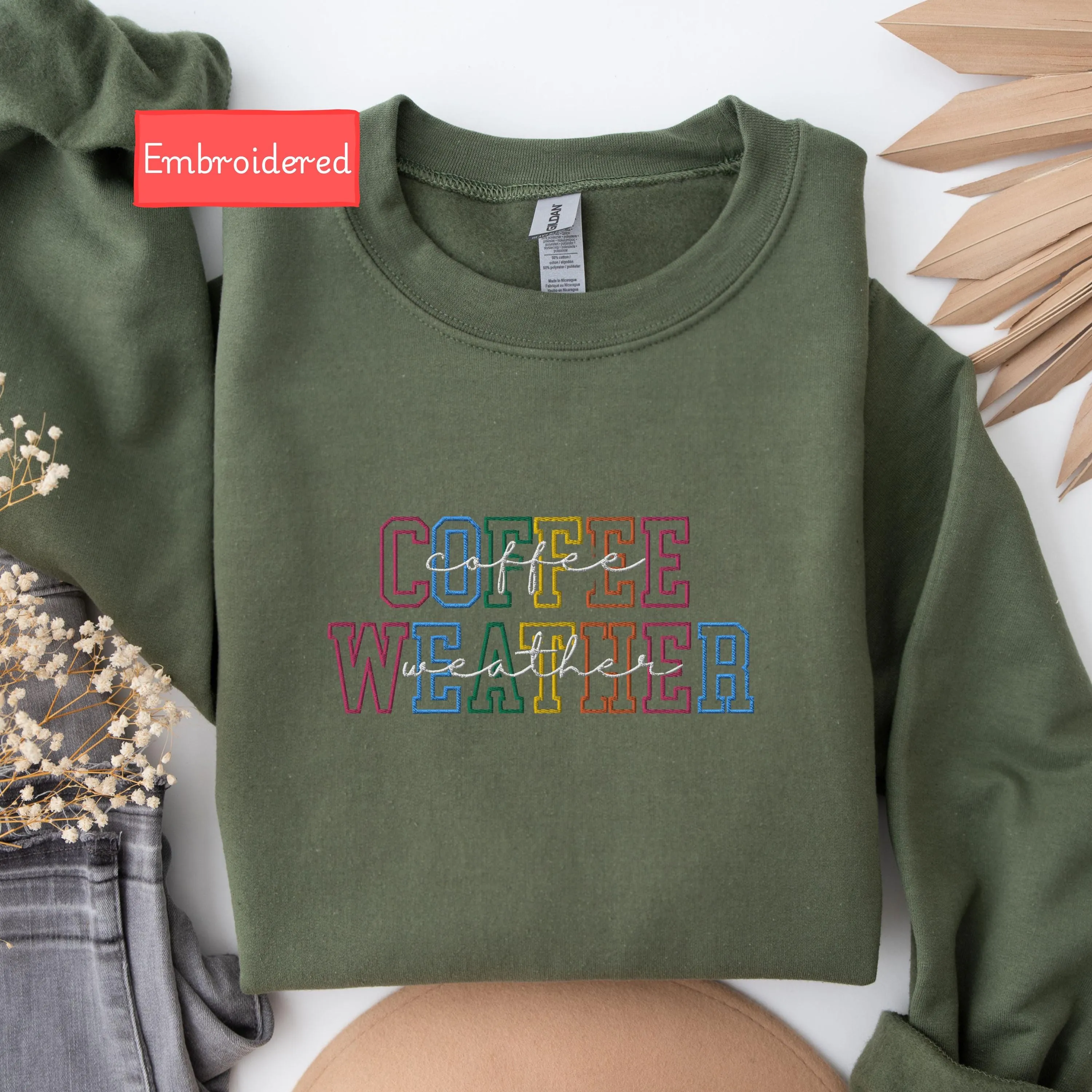 Embroidered Coffee Weather sweatshirt, Fall Women Sweatshirt, Autumn sweater, Coffee Lover Sweatshirt, winter season hoodie coffee drinker