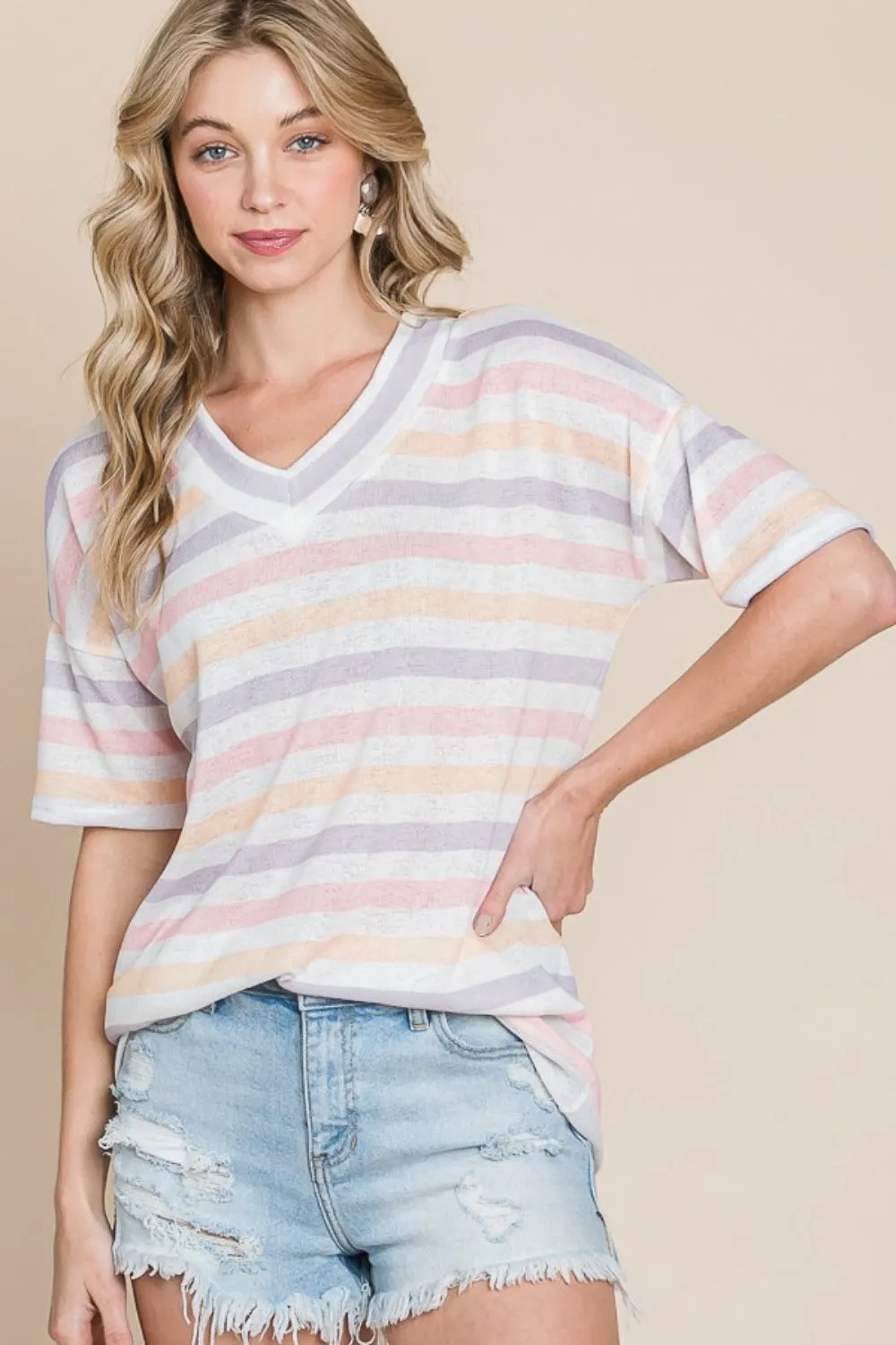 Ivyshape | Bombom Striped V-Neck Short Sleeve T-Shirt