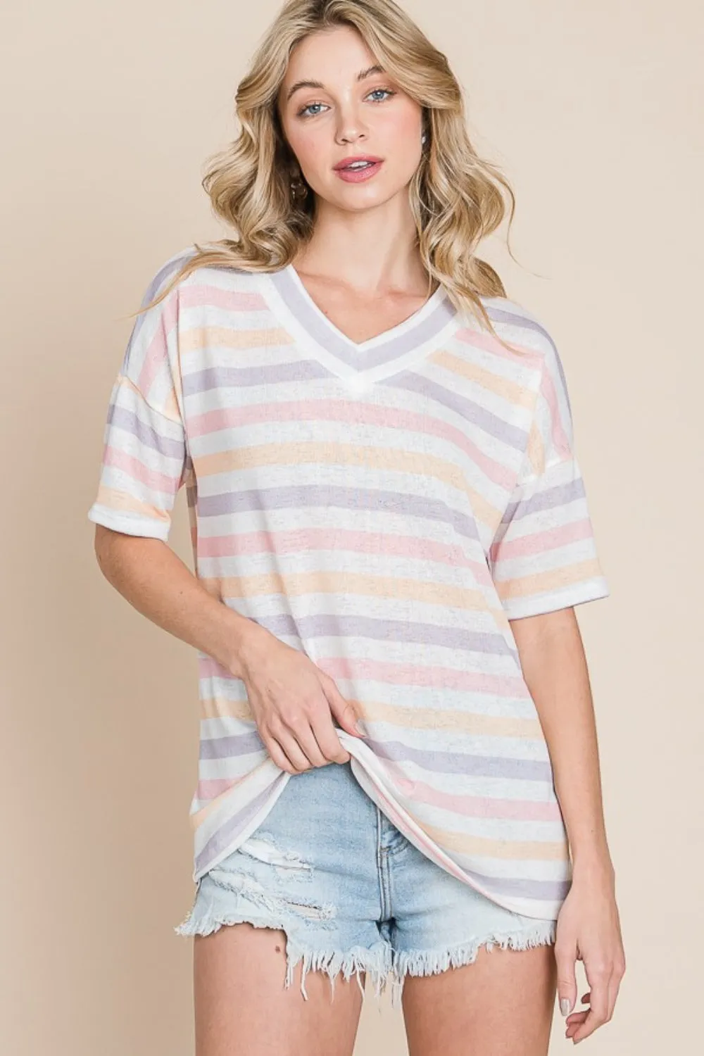 Ivyshape | Bombom Striped V-Neck Short Sleeve T-Shirt