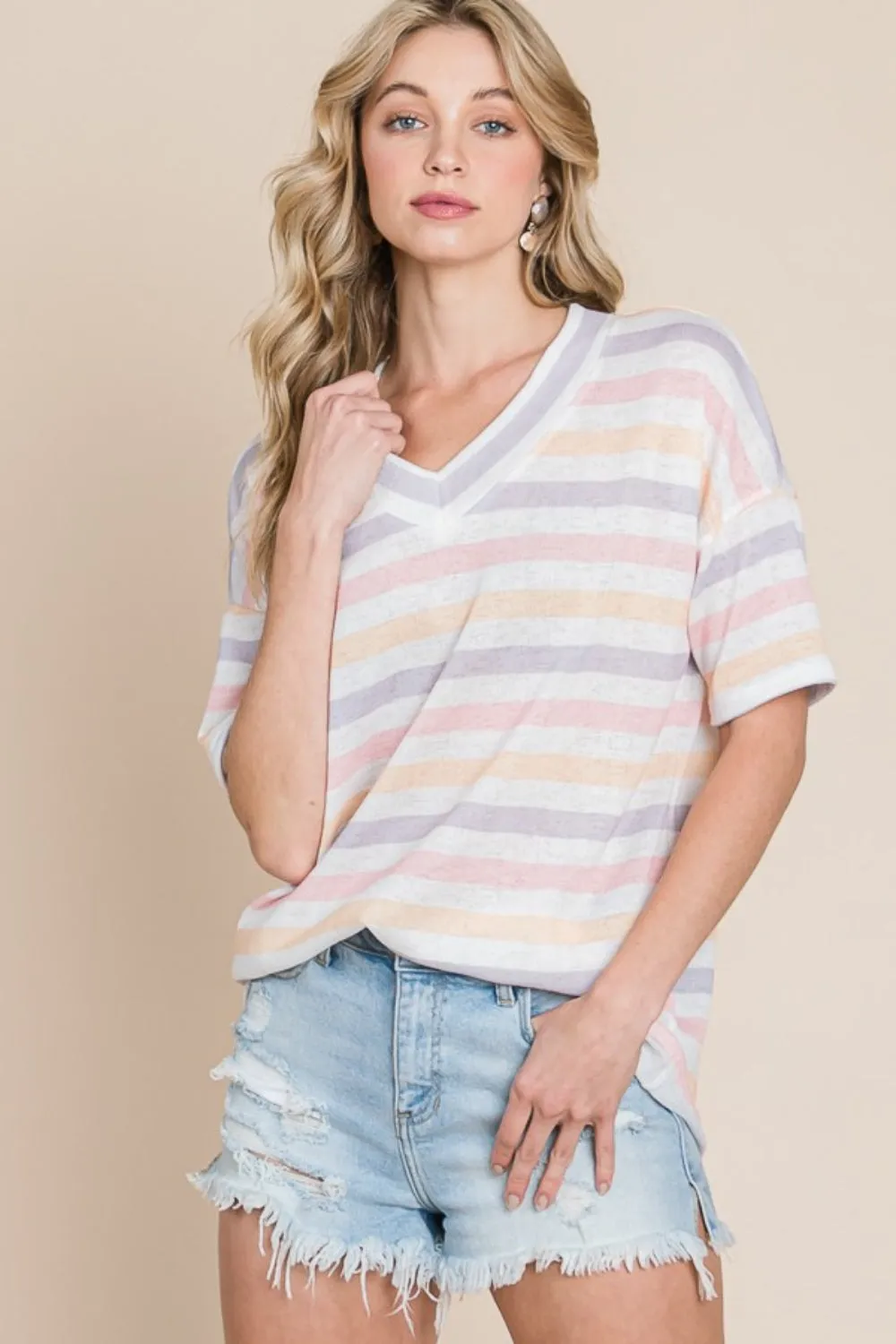 Ivyshape | Bombom Striped V-Neck Short Sleeve T-Shirt