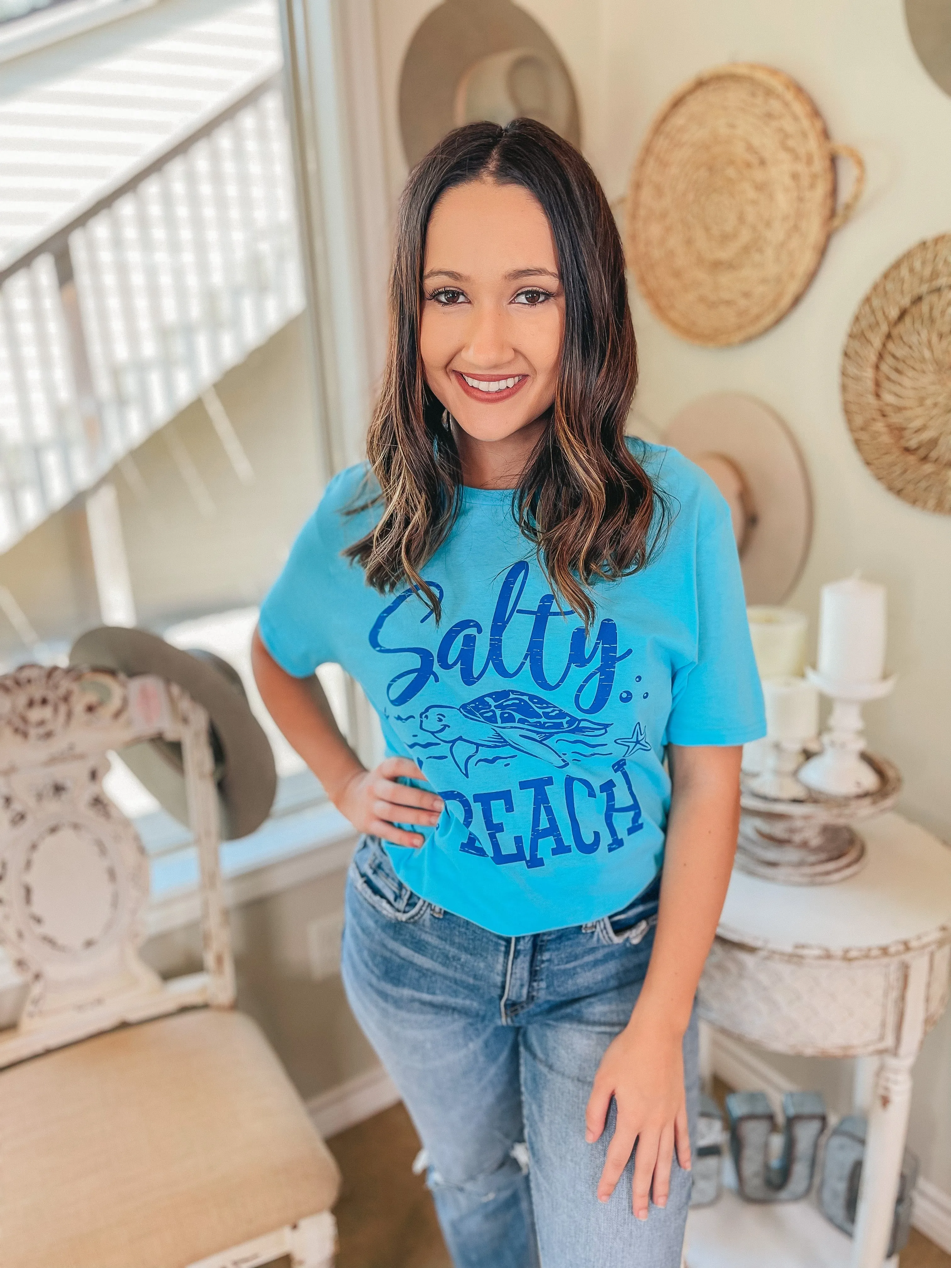 Last Chance Size Small | Salty Lil' Beach Short Sleeve Graphic Tee in Aqua Blue