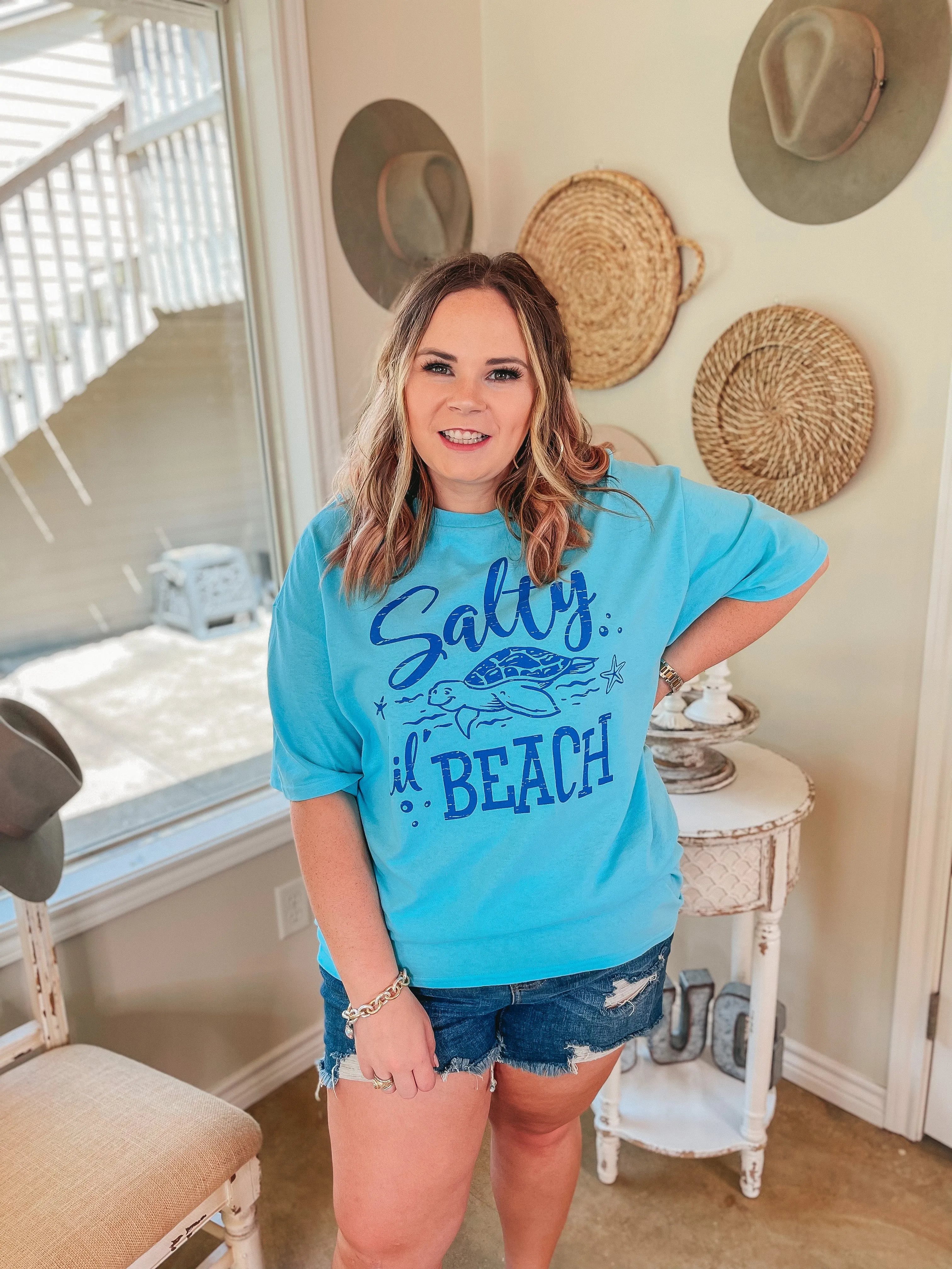 Last Chance Size Small | Salty Lil' Beach Short Sleeve Graphic Tee in Aqua Blue