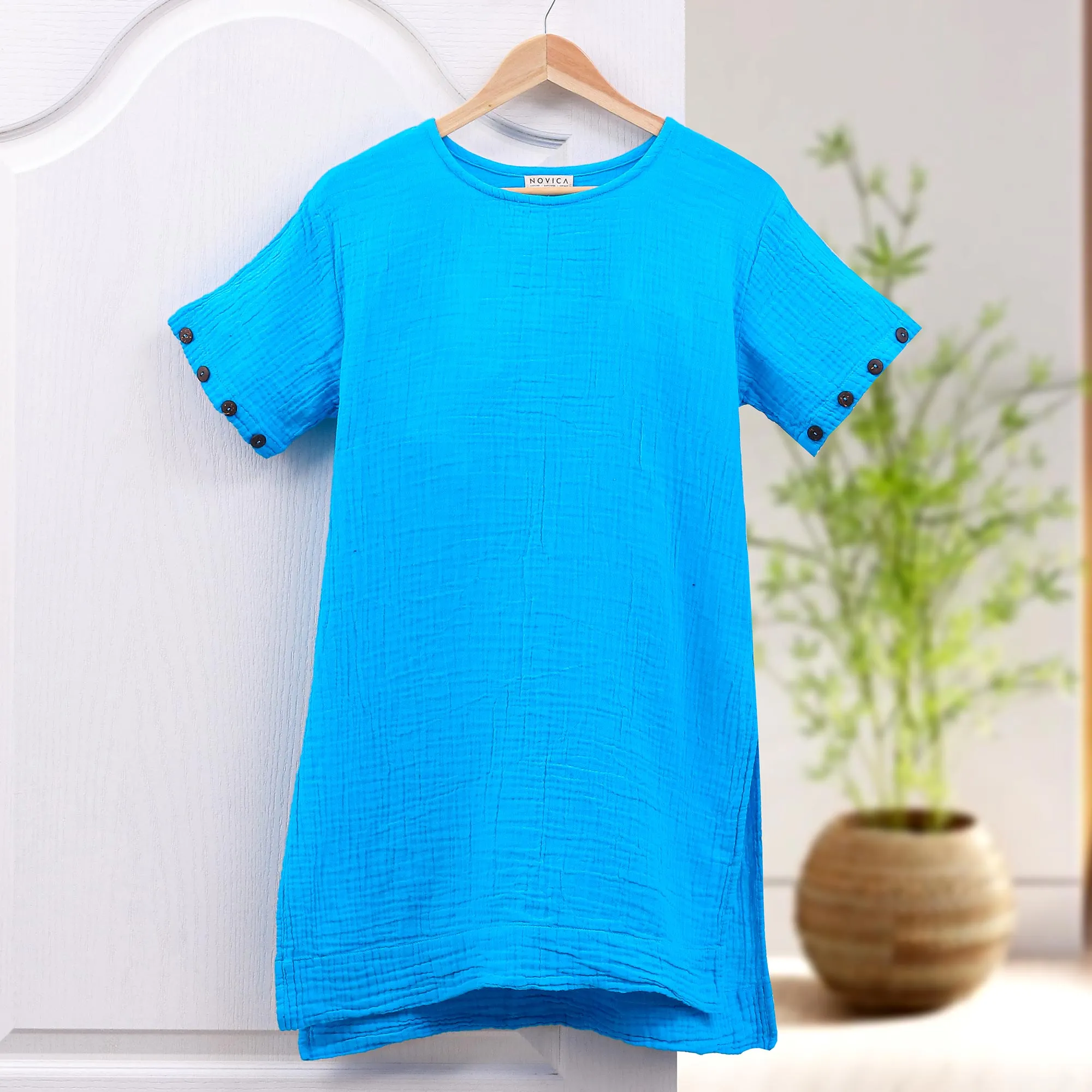 Long Turquoise Blue Cotton Tunic - Out of Office in Cyan | NOVICA