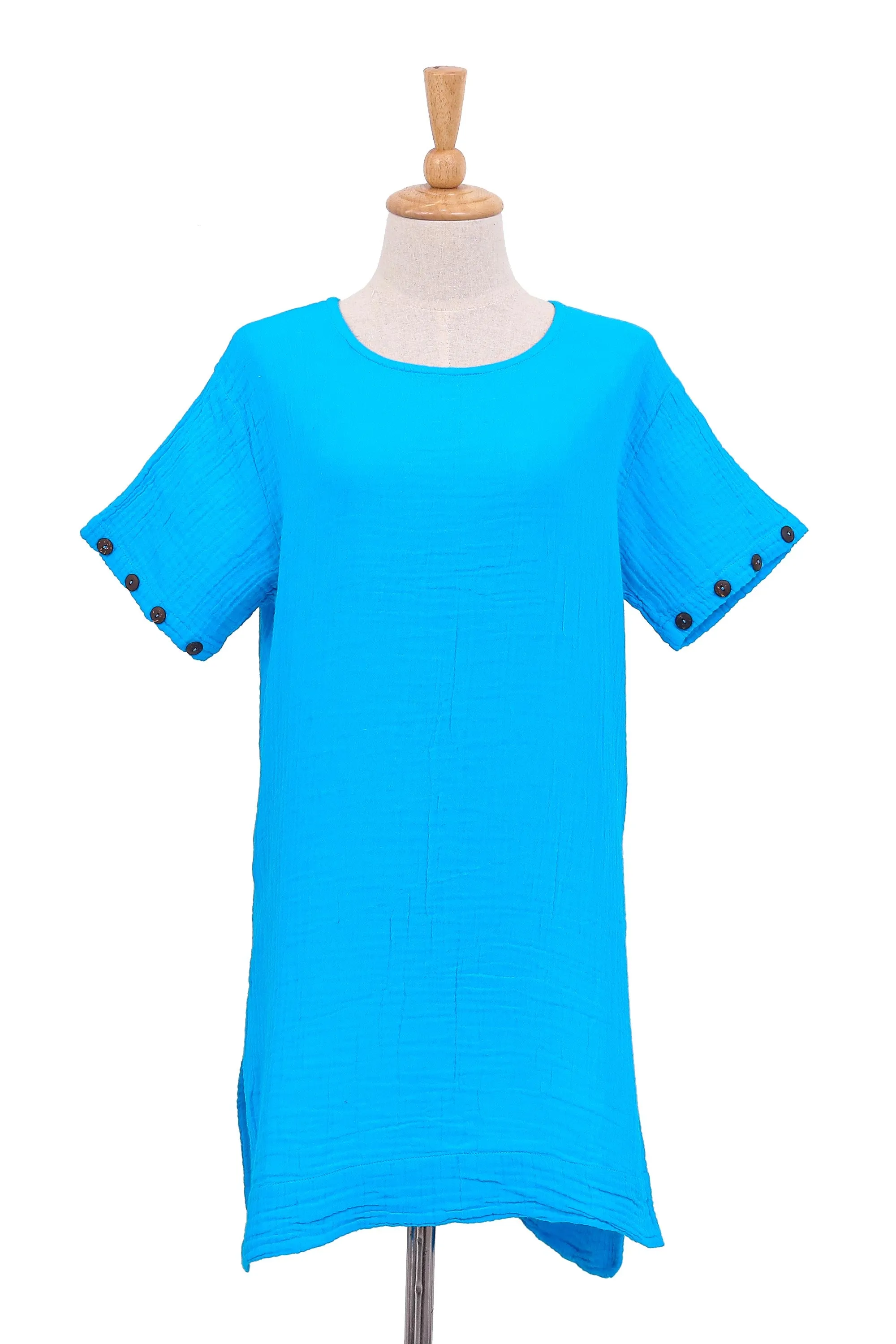 Long Turquoise Blue Cotton Tunic - Out of Office in Cyan | NOVICA