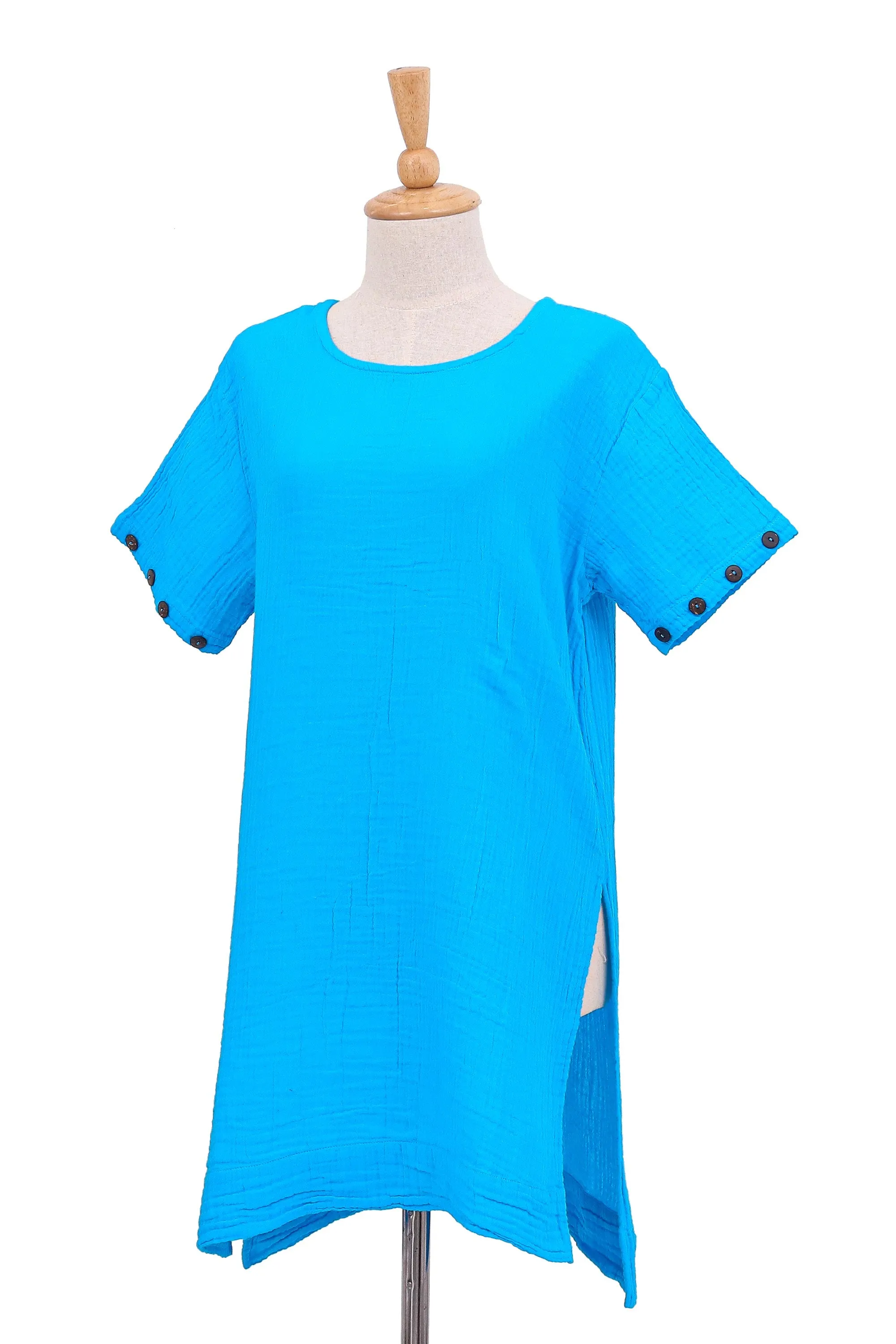 Long Turquoise Blue Cotton Tunic - Out of Office in Cyan | NOVICA