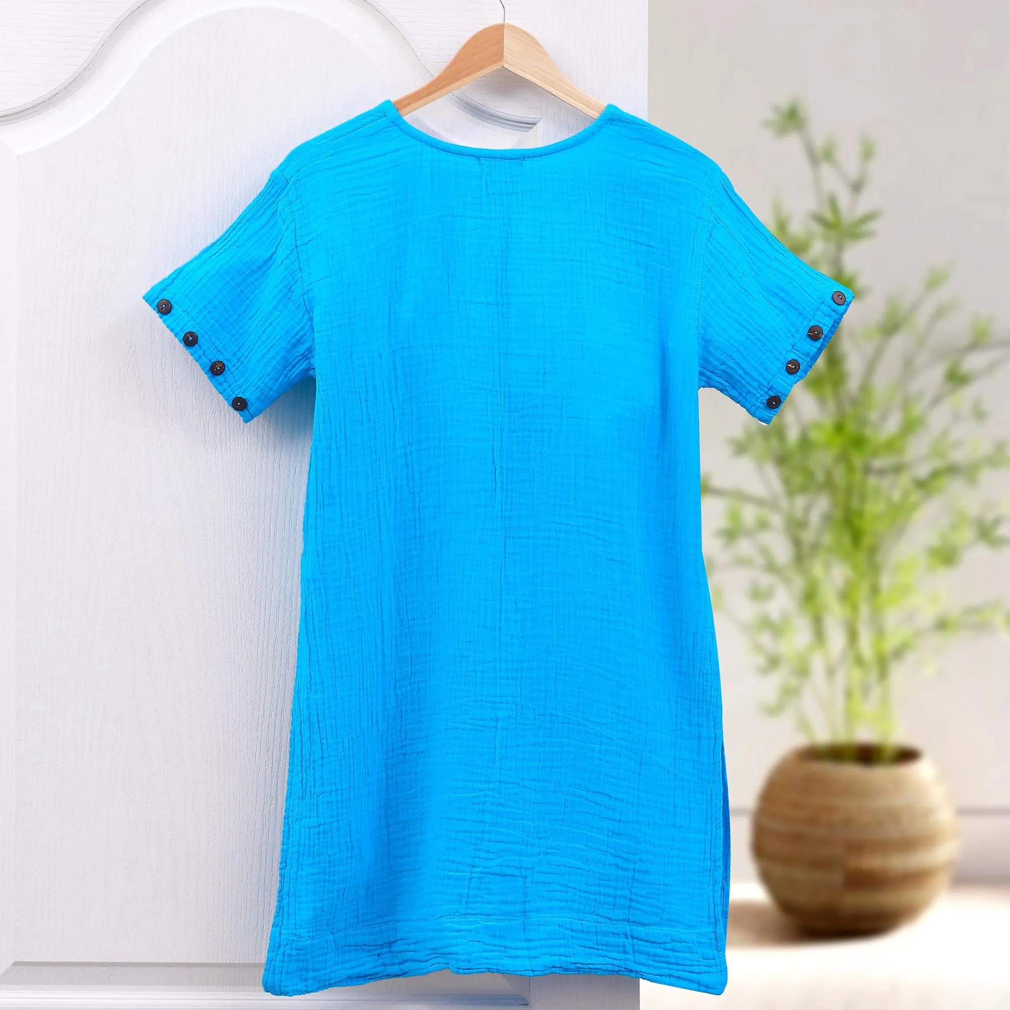 Long Turquoise Blue Cotton Tunic - Out of Office in Cyan | NOVICA