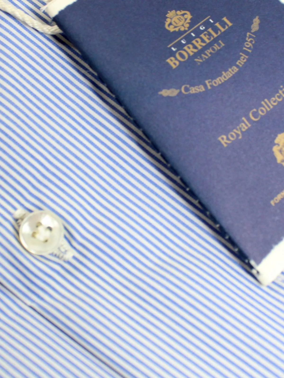 Luigi Borrelli Dress Shirt ROYAL COLLECTION White Navy Stripes 43 - 17 SALE