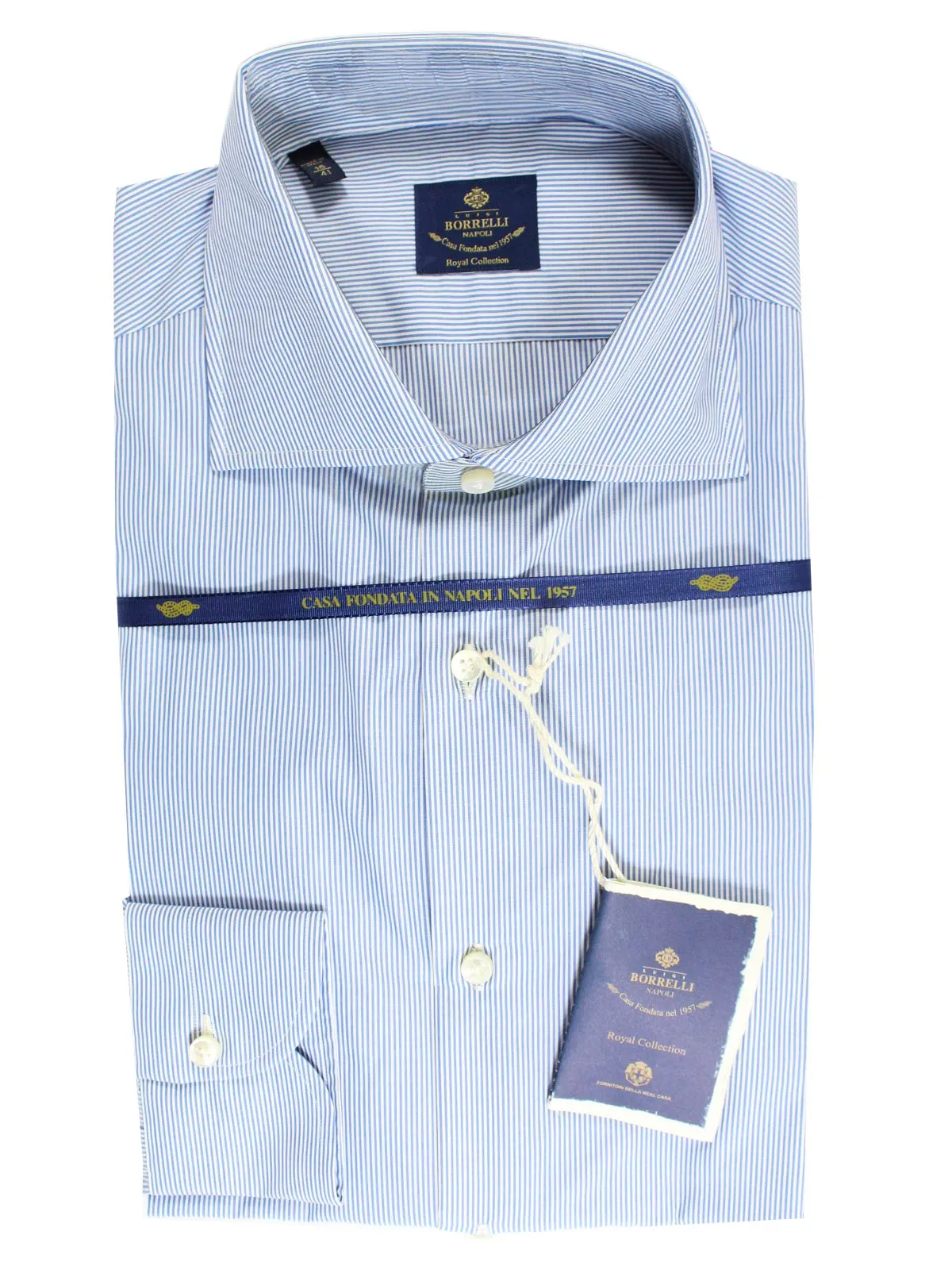 Luigi Borrelli Dress Shirt ROYAL COLLECTION White Navy Stripes 43 - 17 SALE
