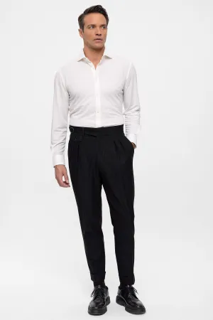 Men's Black High Waist (Boyfriend) Pleated Fabric Trousers With Buckle Belt - Wessi