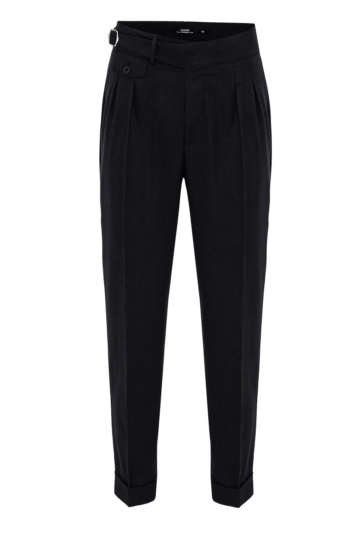 Men's Black High Waist (Boyfriend) Pleated Fabric Trousers With Buckle Belt - Wessi