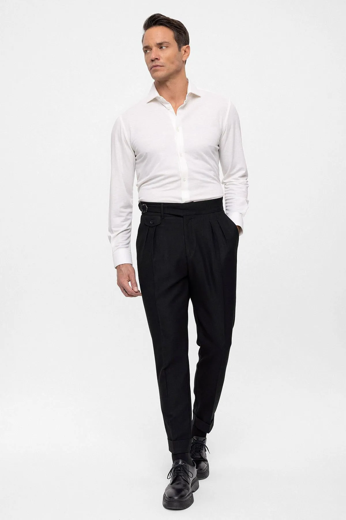 Men's Black High Waist (Boyfriend) Pleated Fabric Trousers With Buckle Belt - Wessi