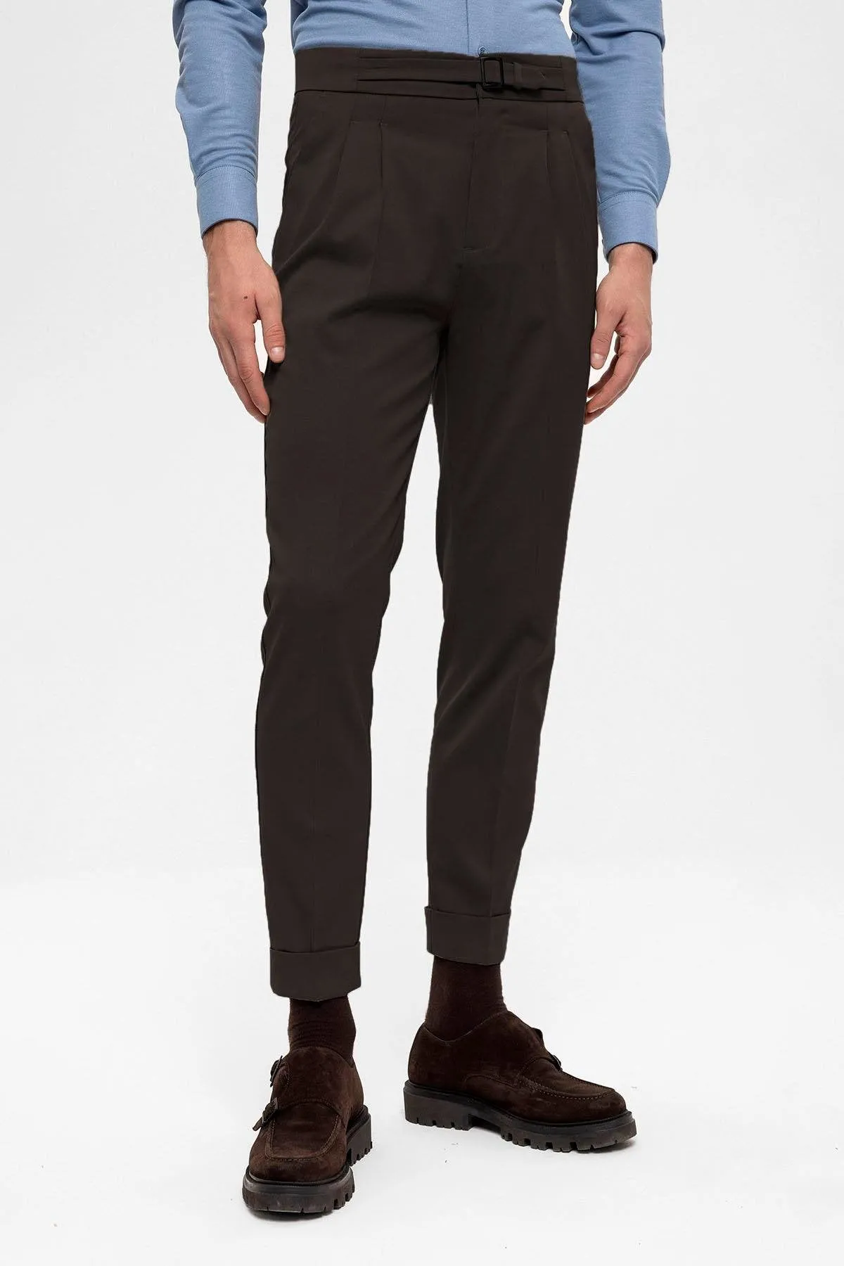 Men's Brown High Waist Buckle Detailed  Trousers - Wessi