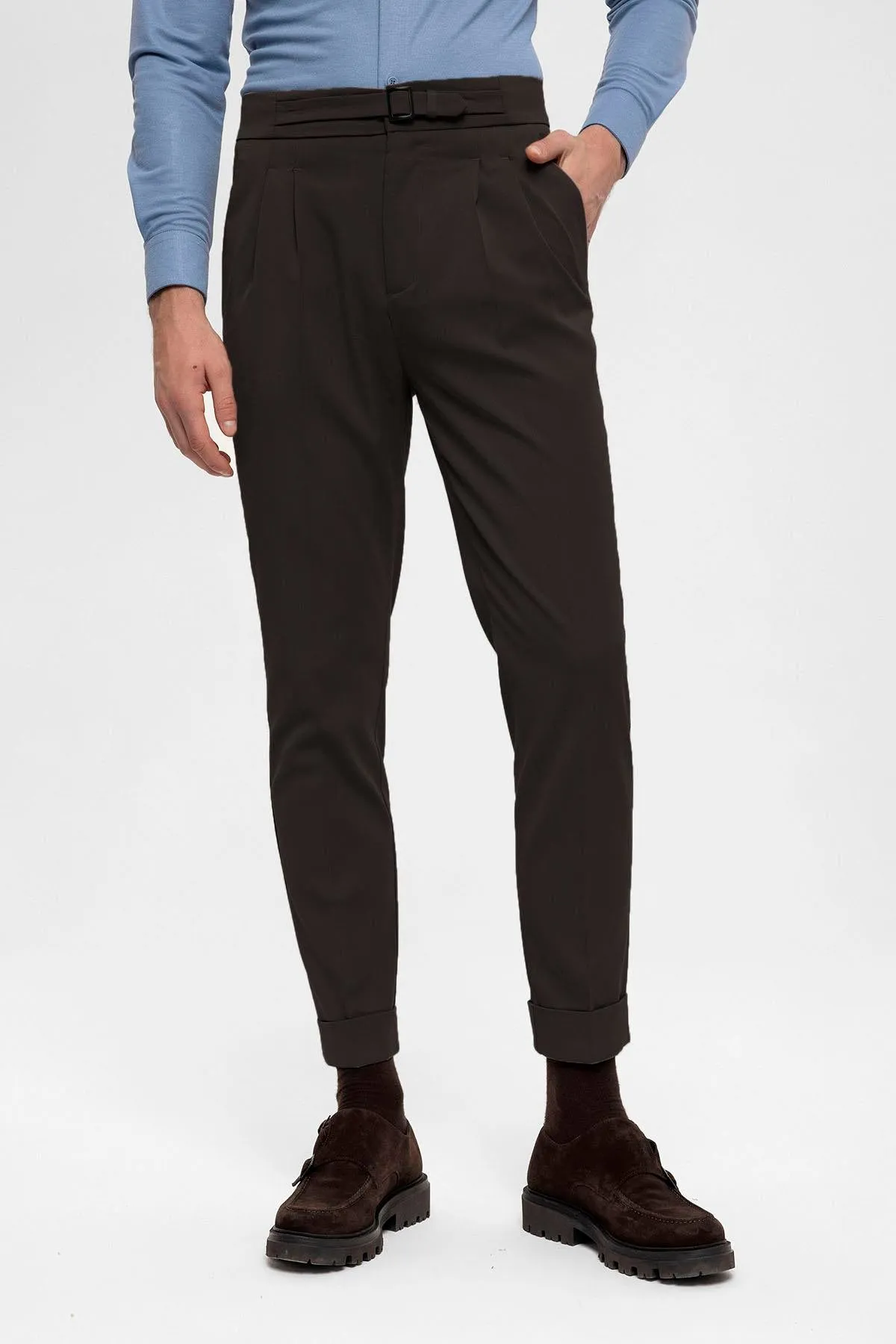 Men's Brown High Waist Buckle Detailed  Trousers - Wessi