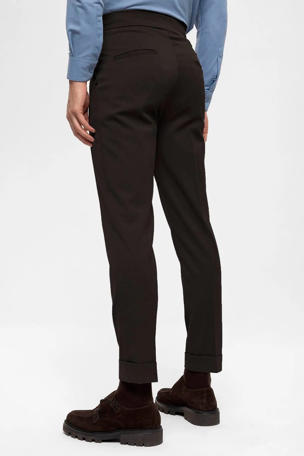 Men's Brown High Waist Buckle Detailed  Trousers - Wessi