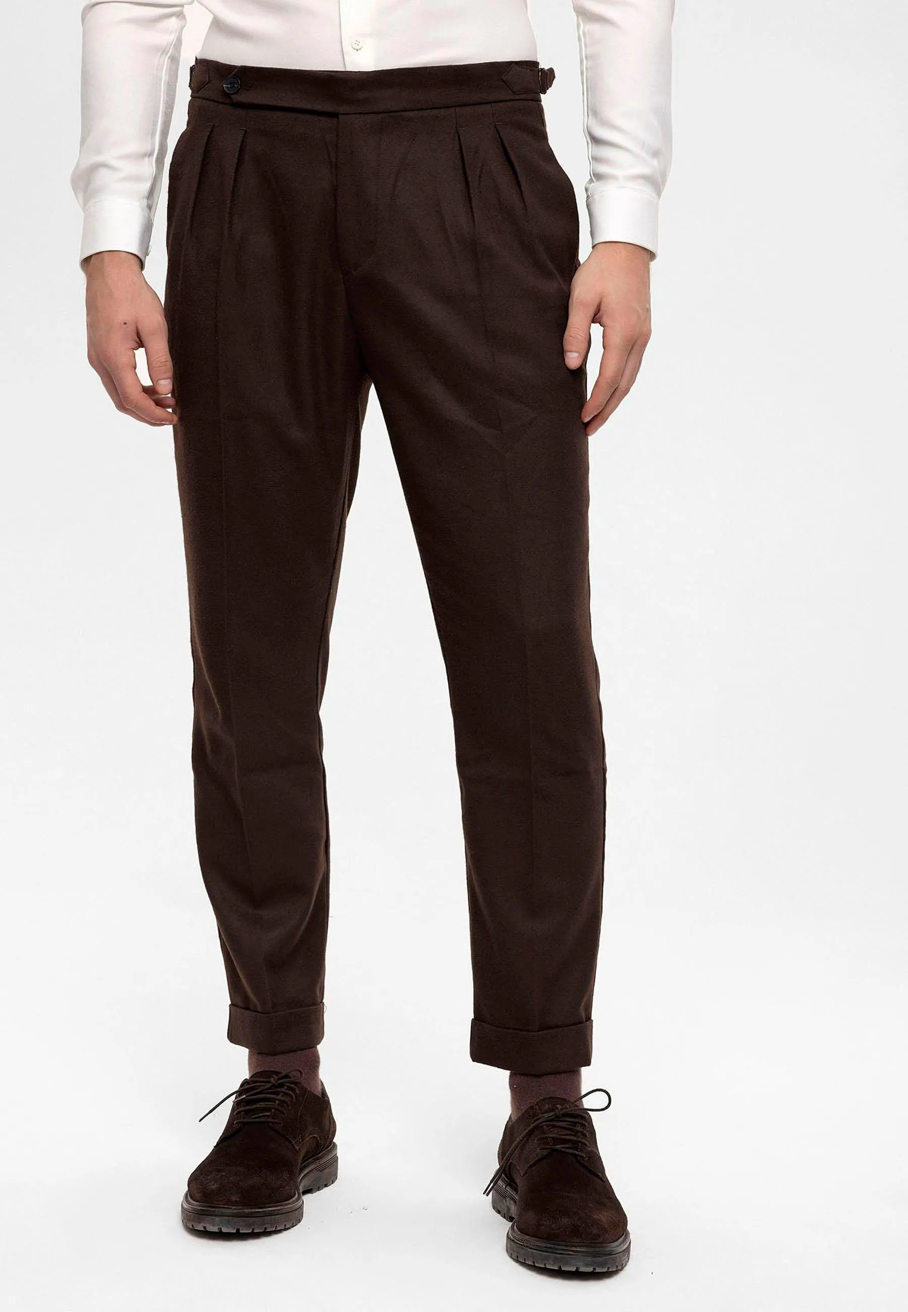 Men's Brown High Waist Double Pleated  Trousers - Wessi