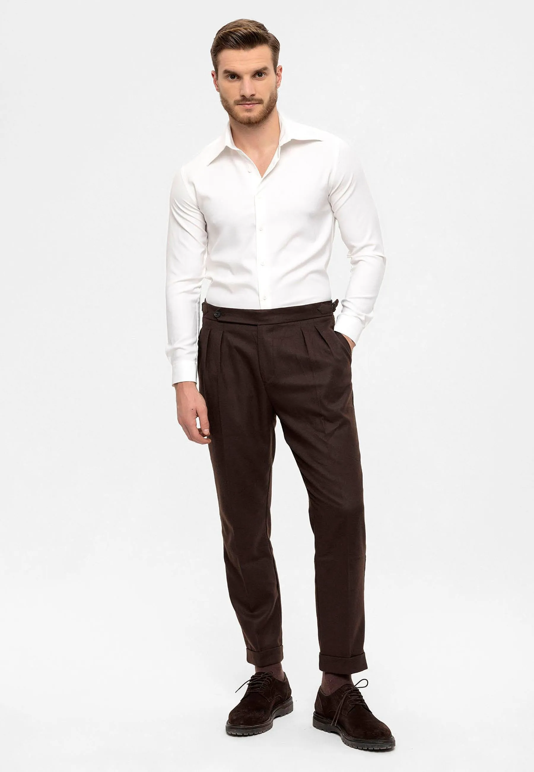 Men's Brown High Waist Double Pleated  Trousers - Wessi