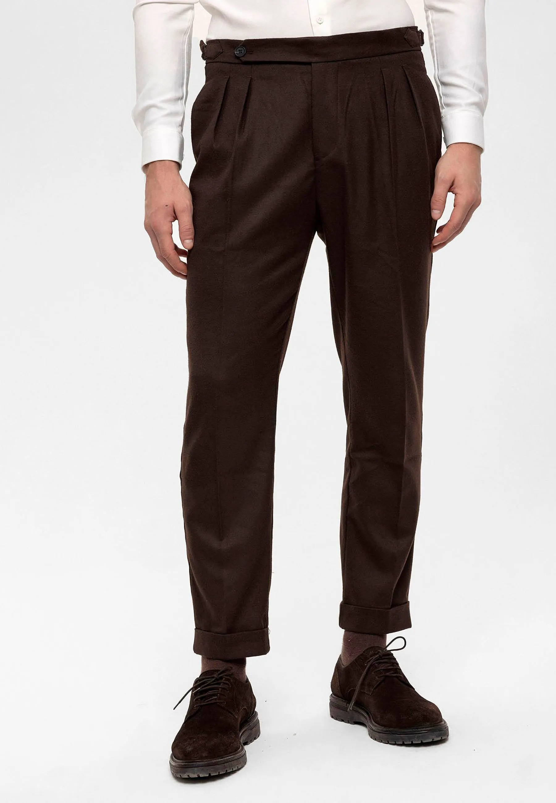 Men's Brown High Waist Double Pleated  Trousers - Wessi