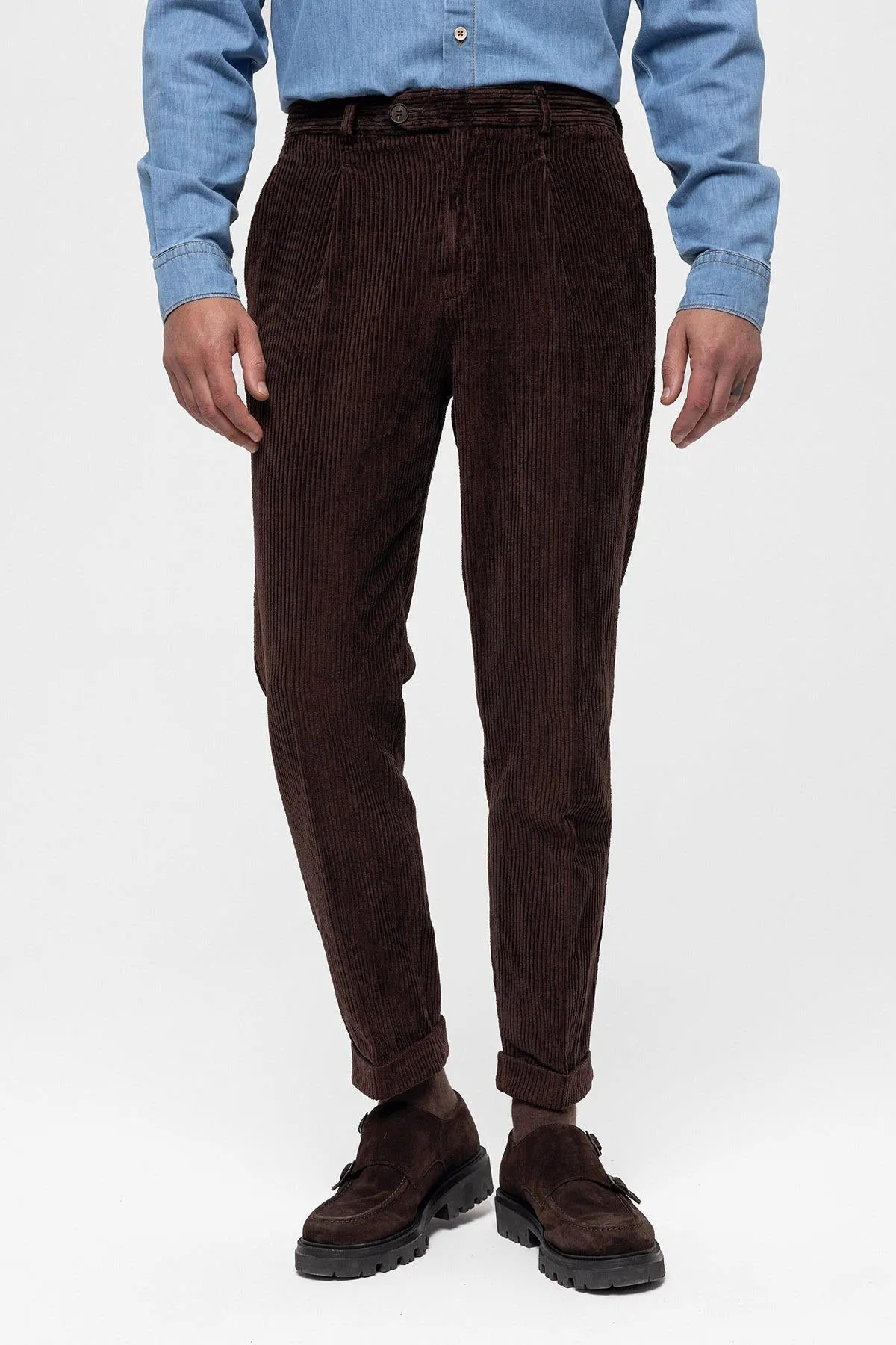 Men's Dark Brown High Waist Pleated Velvet  Trousers - Wessi