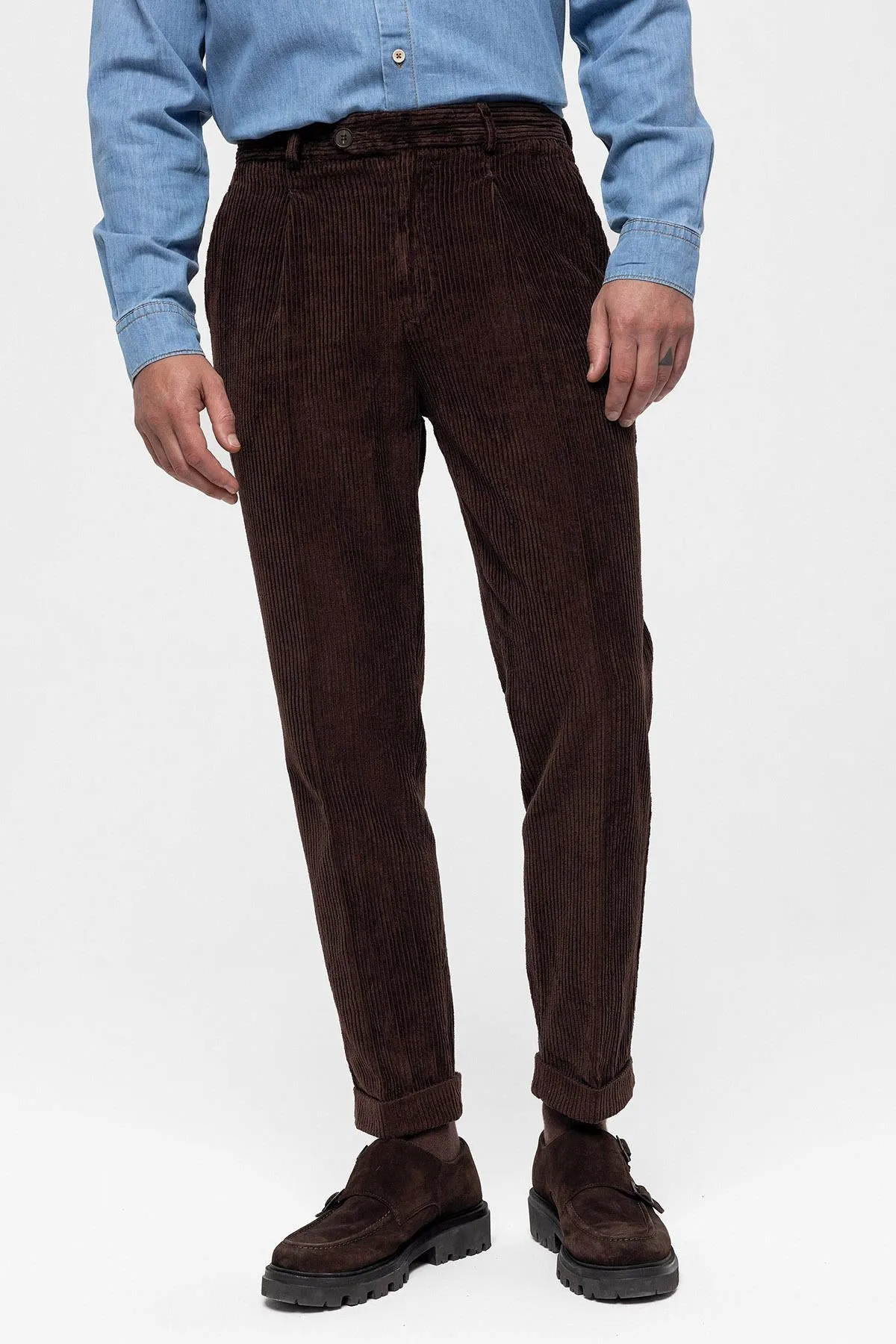 Men's Dark Brown High Waist Pleated Velvet  Trousers - Wessi