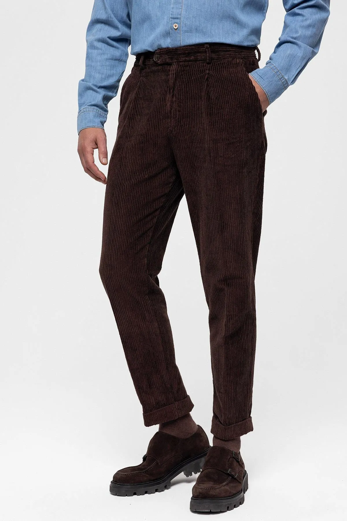 Men's Dark Brown High Waist Pleated Velvet  Trousers - Wessi