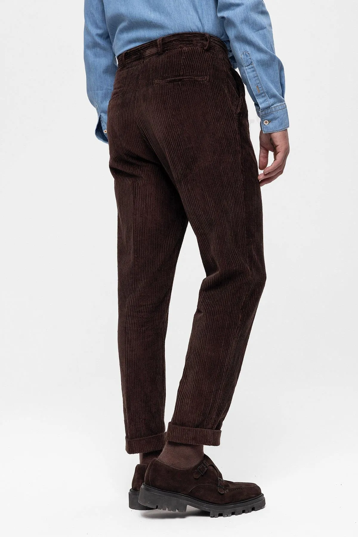 Men's Dark Brown High Waist Pleated Velvet  Trousers - Wessi