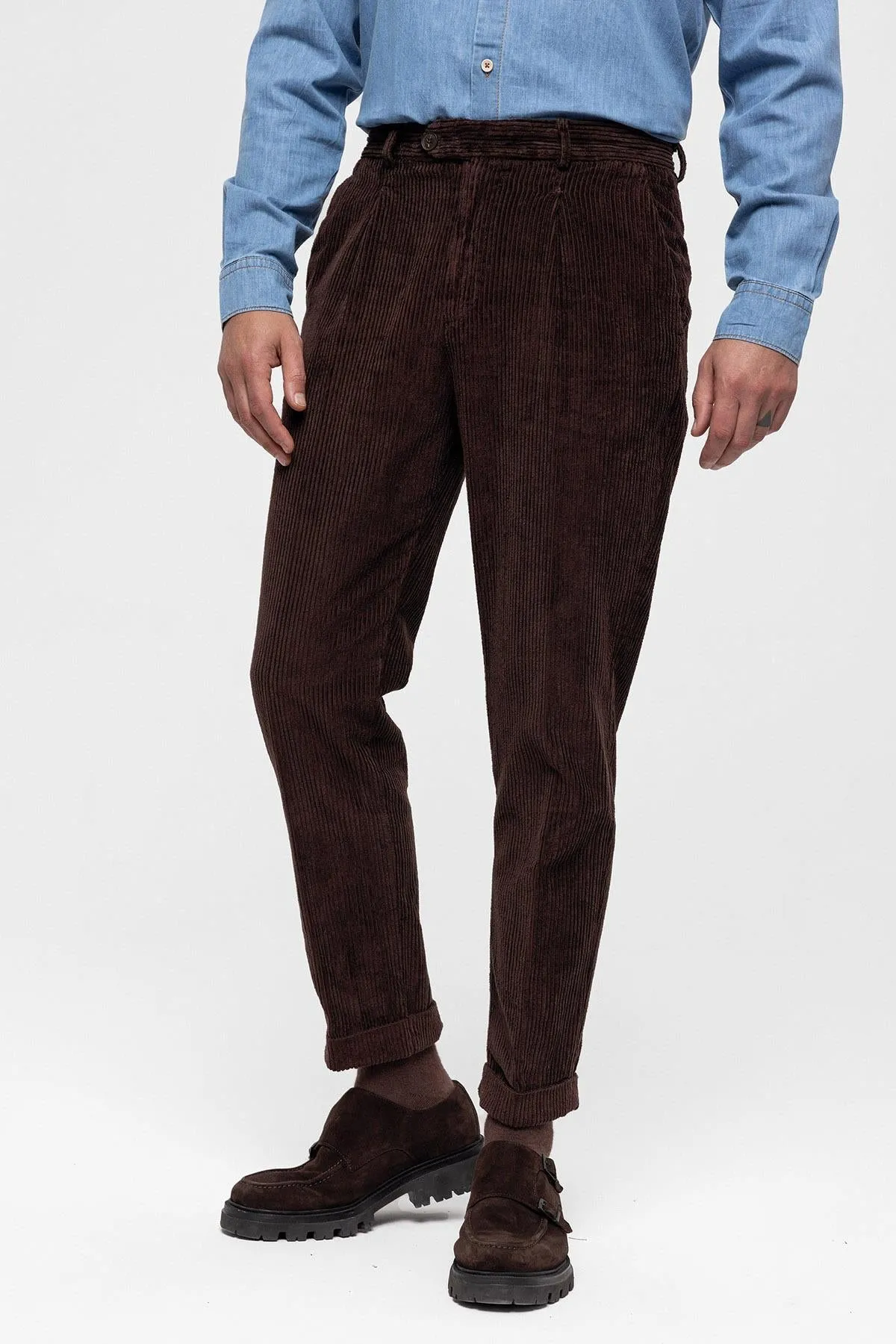 Men's Dark Brown High Waist Pleated Velvet  Trousers - Wessi