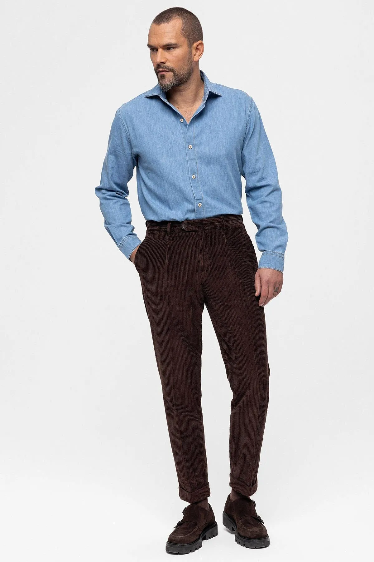 Men's Dark Brown High Waist Pleated Velvet  Trousers - Wessi