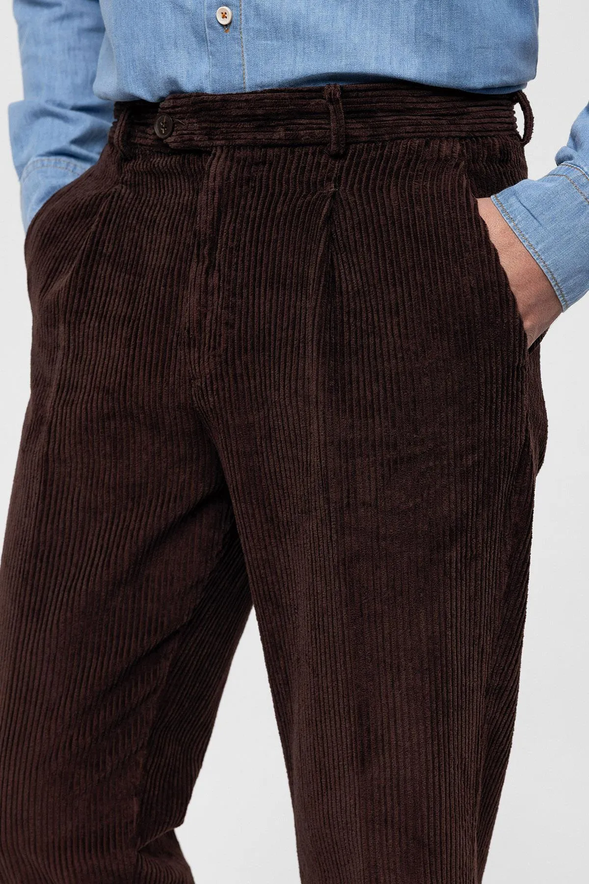 Men's Dark Brown High Waist Pleated Velvet  Trousers - Wessi