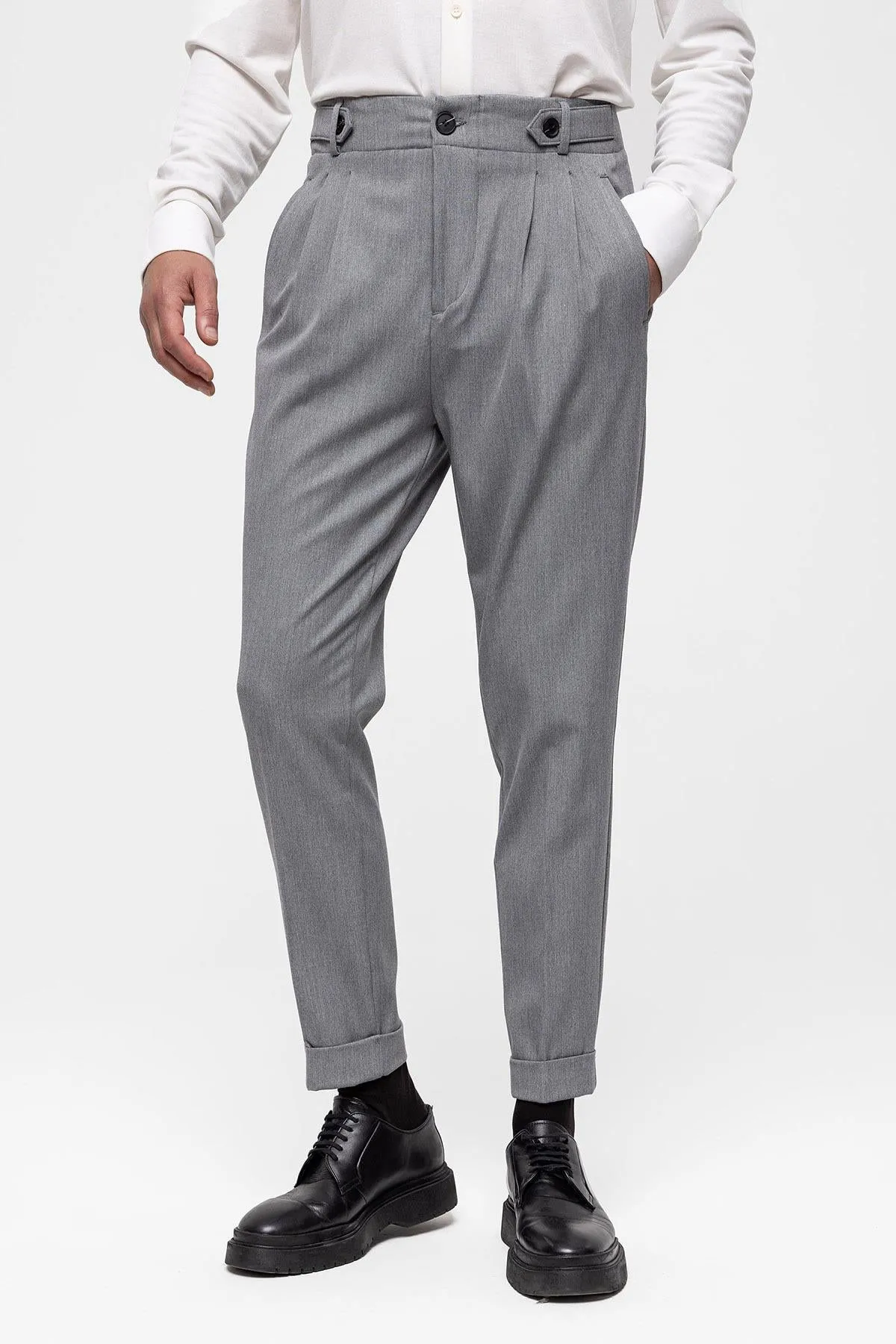 Men's Grey High Waist (Boyfriend) Pleated Fabric Trousers - Wessi