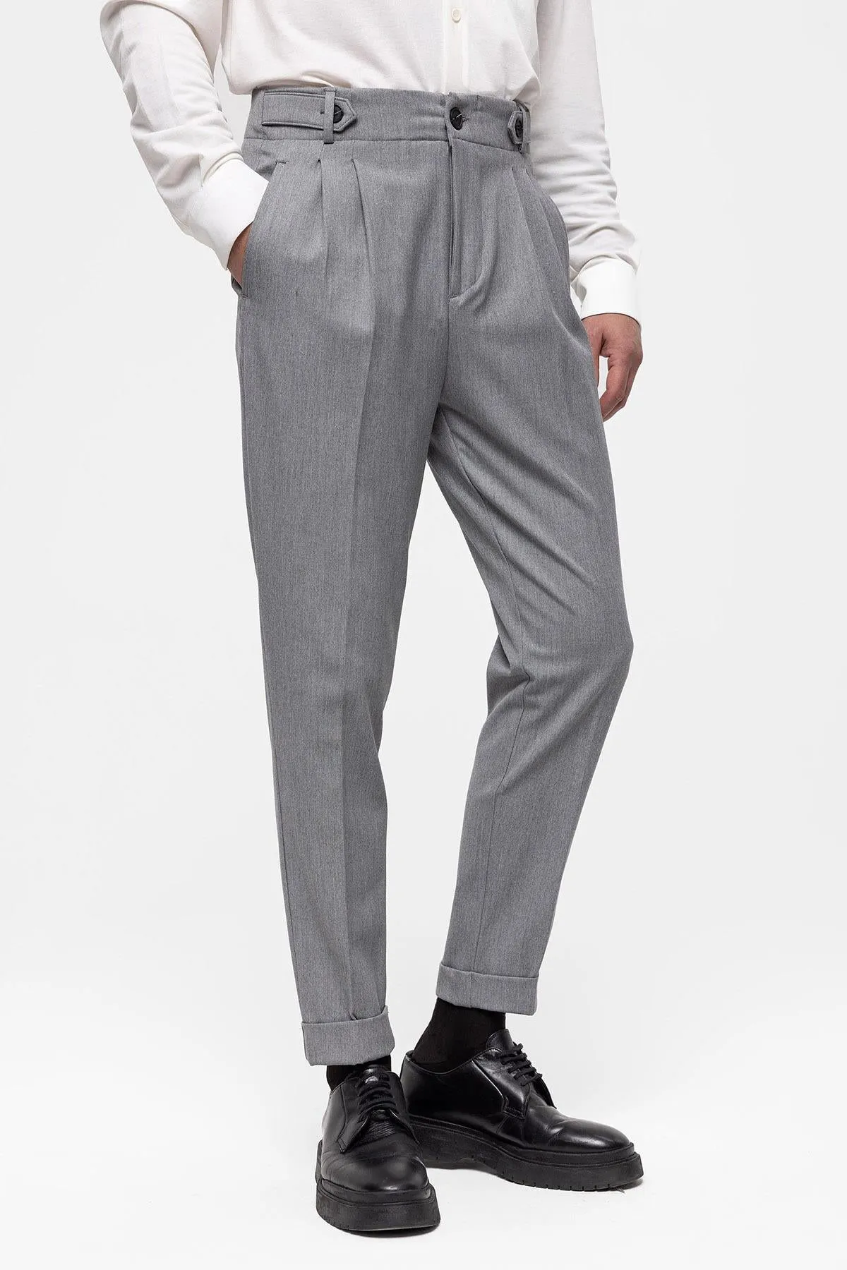 Men's Grey High Waist (Boyfriend) Pleated Fabric Trousers - Wessi