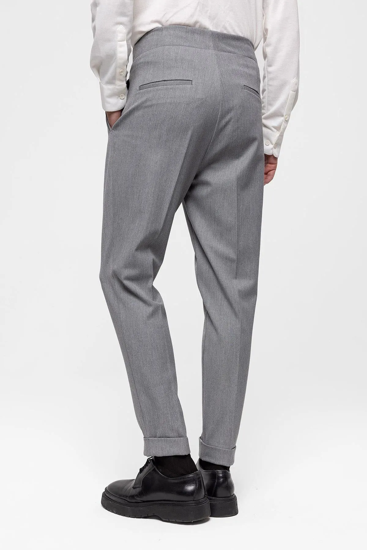 Men's Grey High Waist (Boyfriend) Pleated Fabric Trousers - Wessi