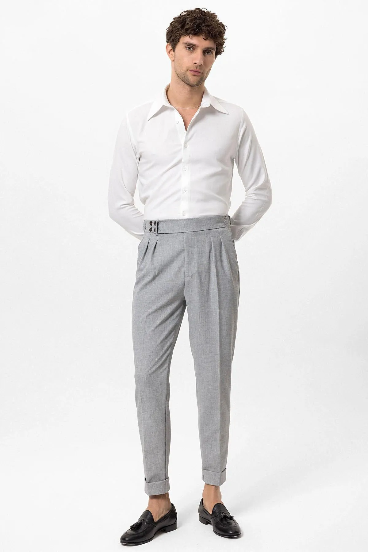 Men's Light Grey High Waist Belted Boyfriend Pants - Wessi