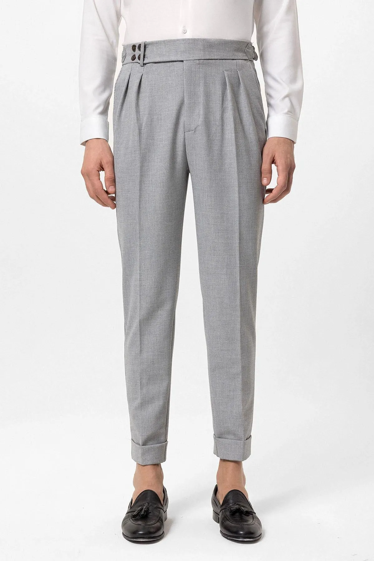 Men's Light Grey High Waist Belted Boyfriend Pants - Wessi