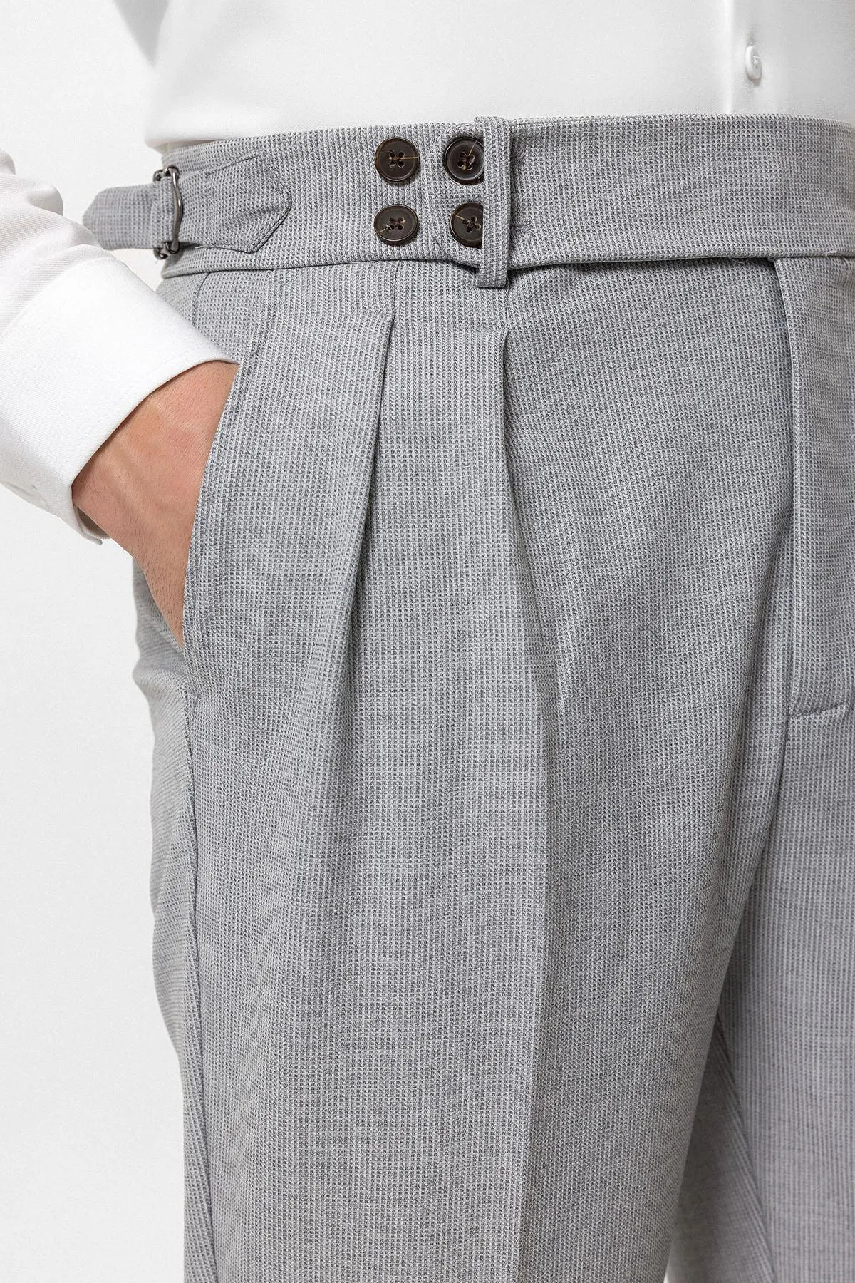 Men's Light Grey High Waist Belted Boyfriend Pants - Wessi